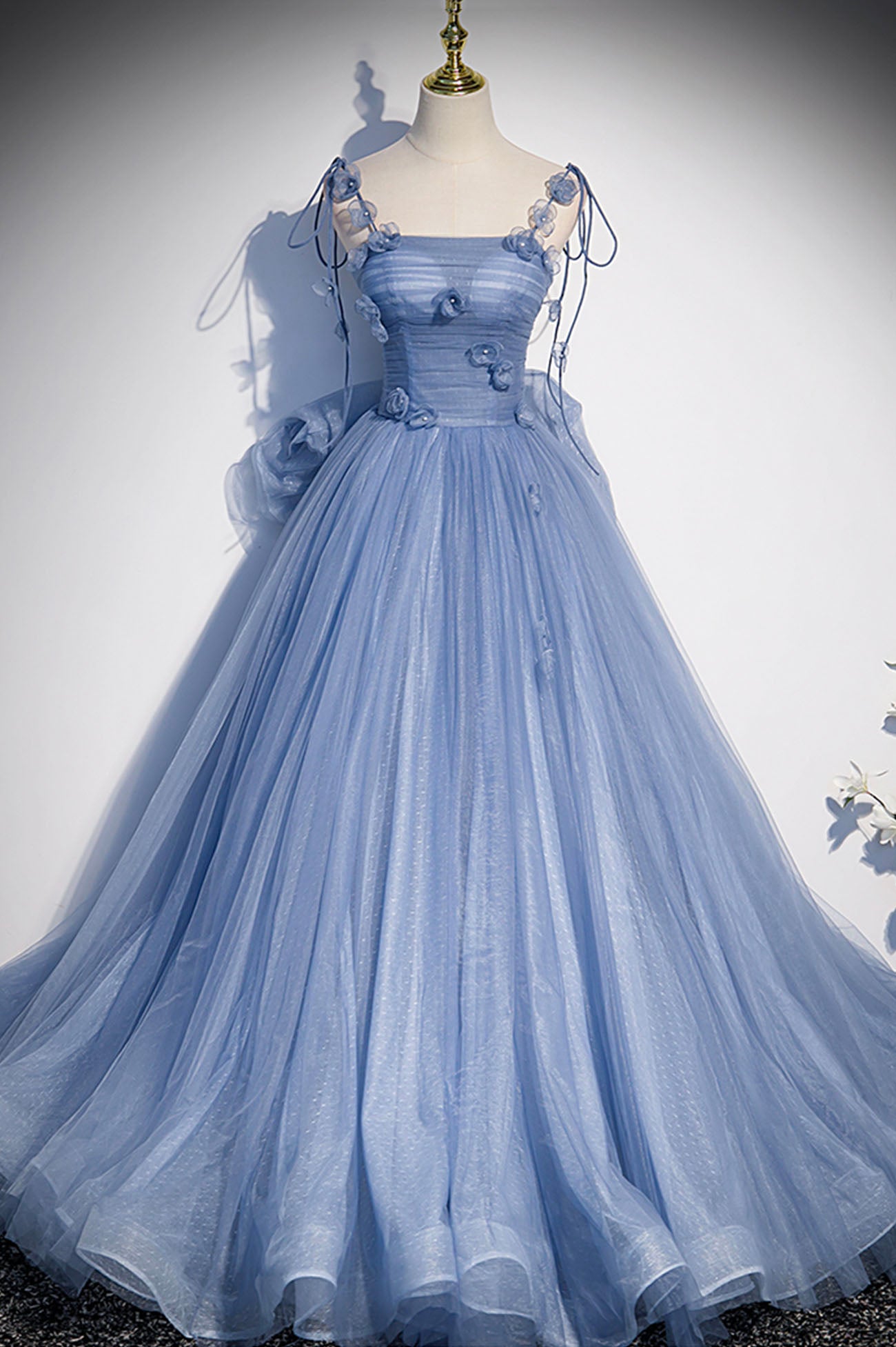 Blue Tulle Long A-Line Prom Dress, Blue Spaghetti Straps Party Dress w Blue Tulle Long A-Line Prom Dress, Blue Spaghetti Straps Party Dress w