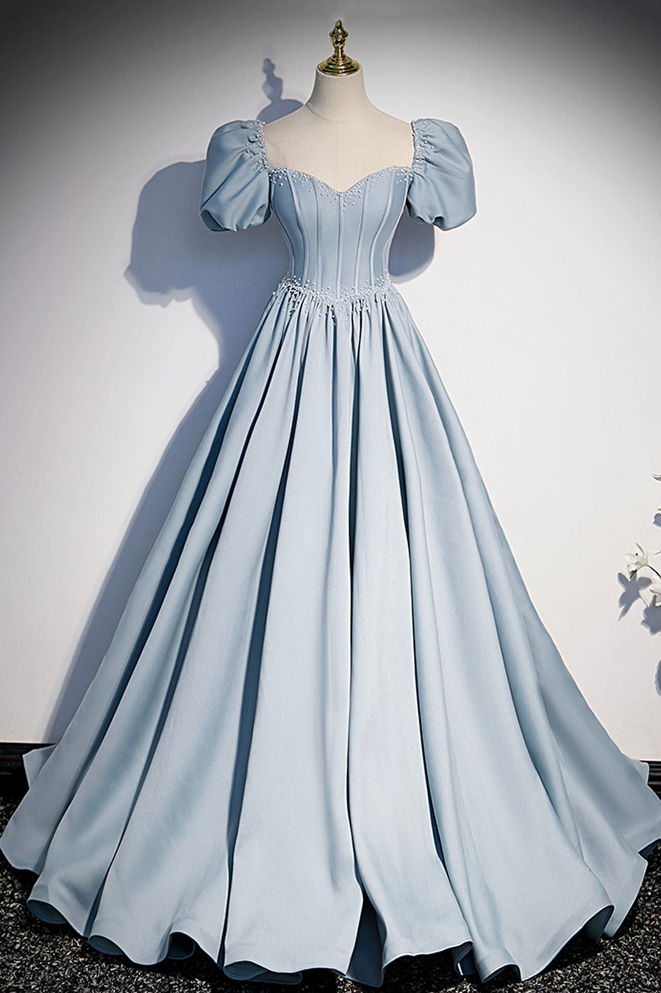 Blue Satin Long A-Line Prom Dress with Pearls, Cute Short Sleeve Eveni Blue Satin Long A-Line Prom Dress with Pearls, Cute Short Sleeve Eveni