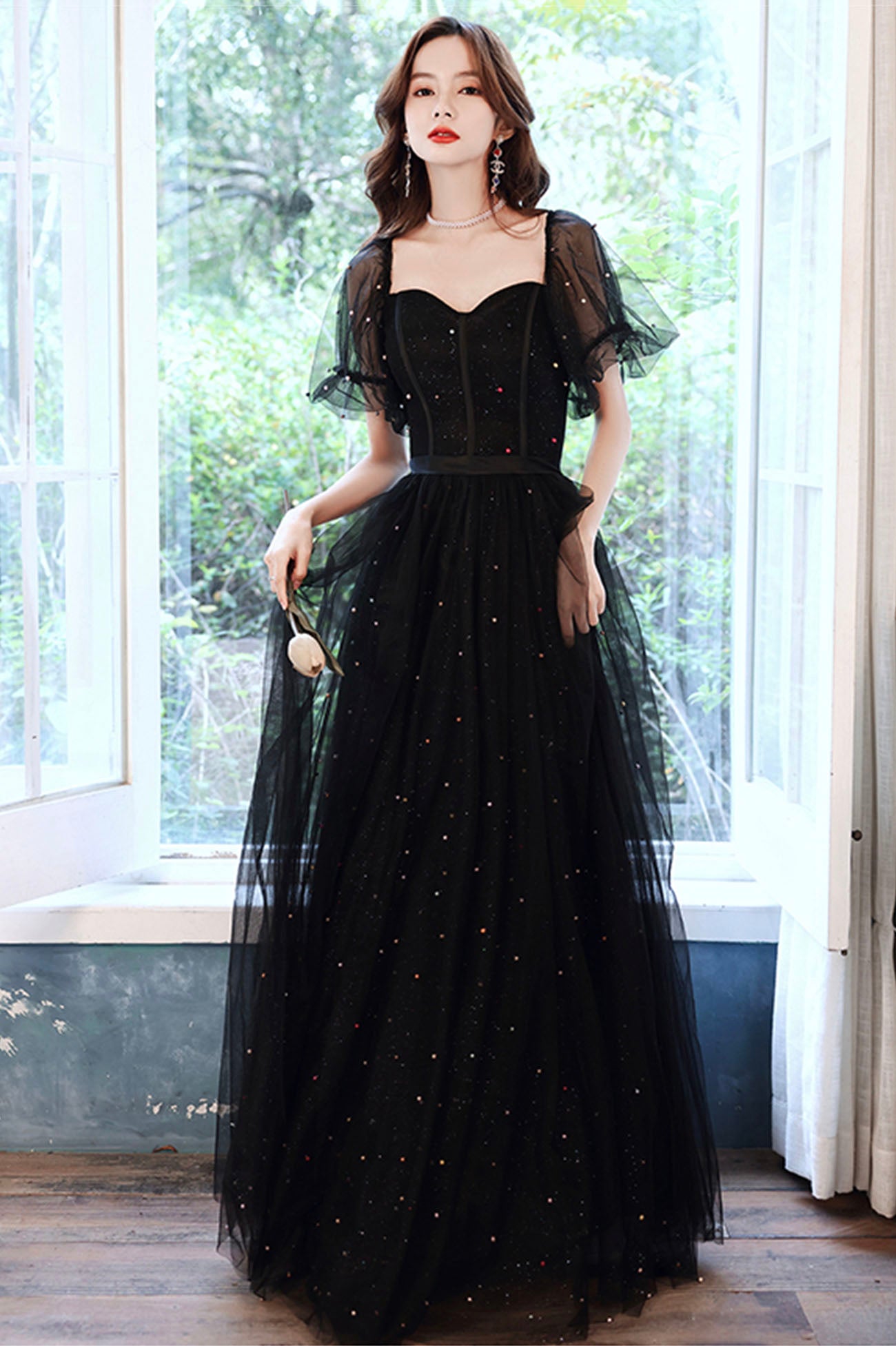Black Tulle Sequins Long Prom Dress, Black Short Sleeve Evening Dress US 16 / Custom Color