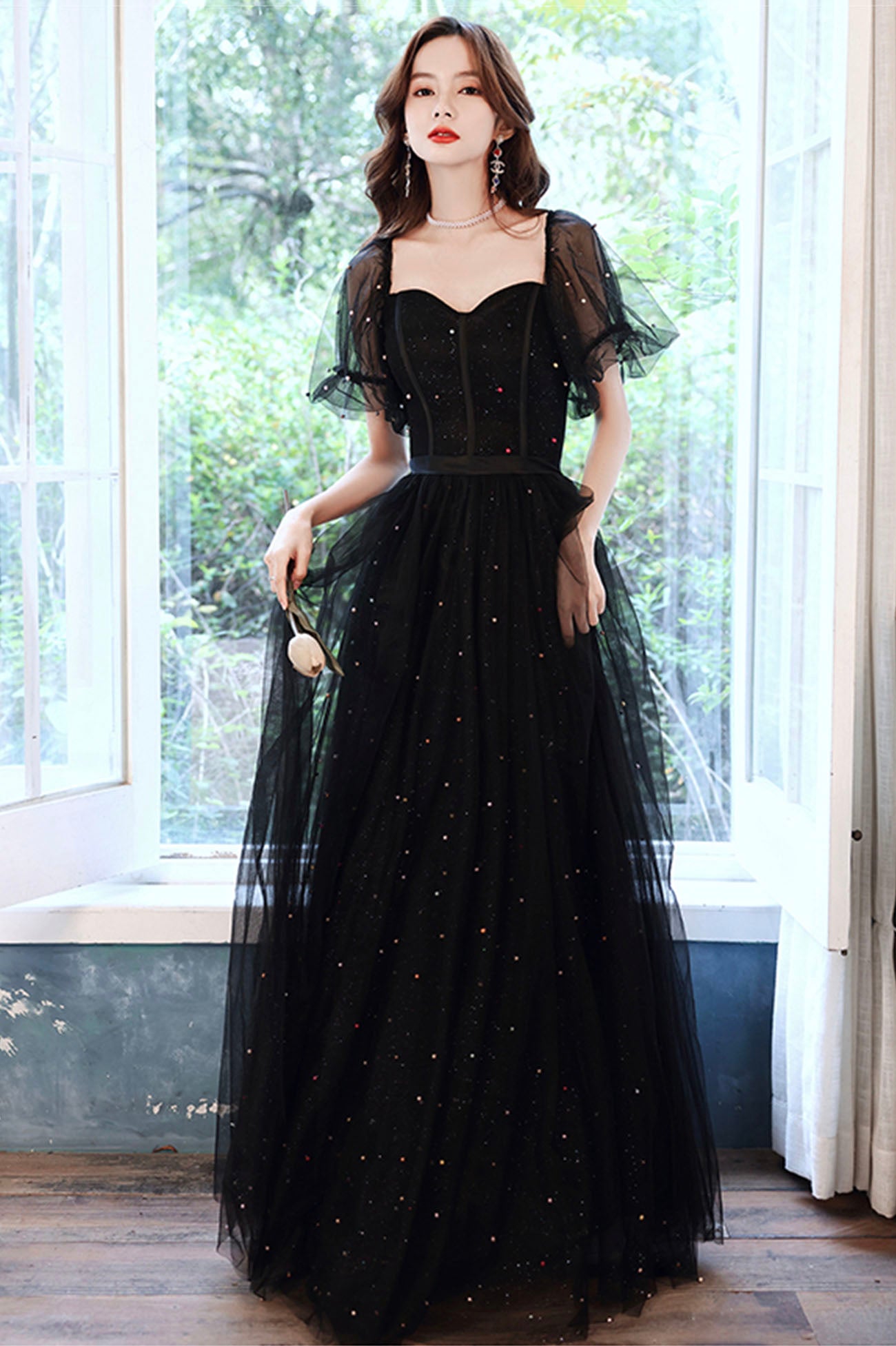 Black Tulle Sequins Long Prom Dress, Black Short Sleeve Evening Dress Black Tulle Sequins Long Prom Dress, Black Short Sleeve Evening Dress