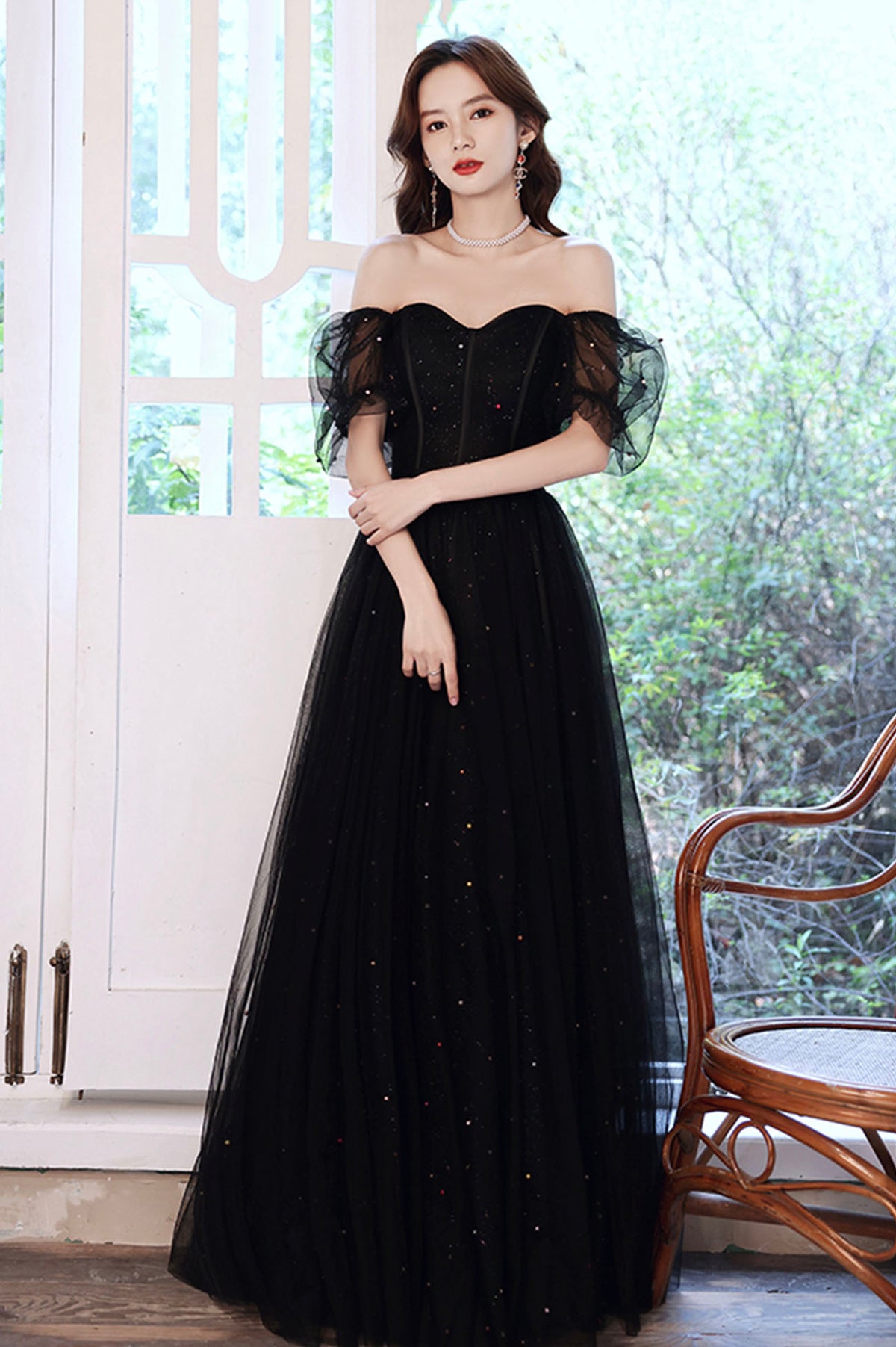 Black Tulle Sequins Long Prom Dress, Black Short Sleeve Evening Dress