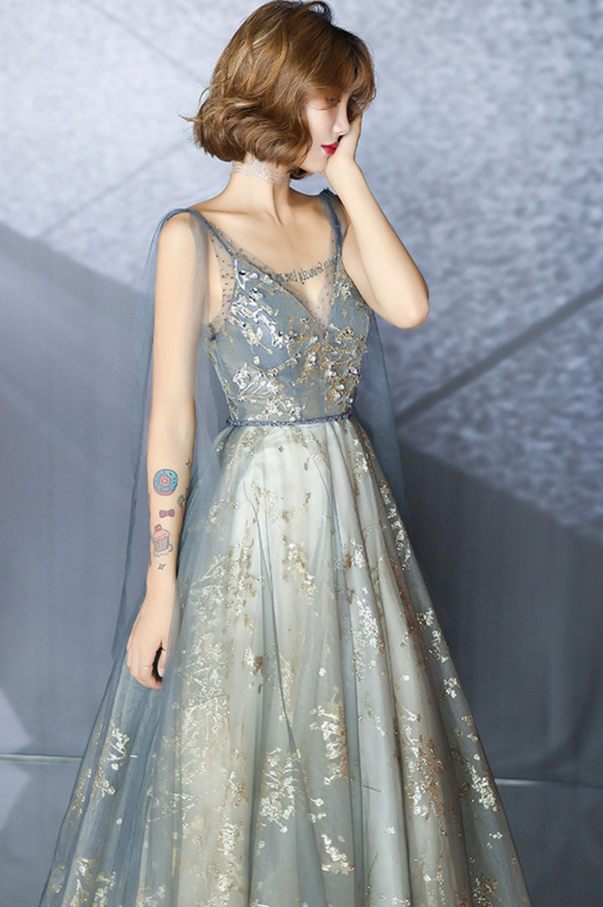 Gray V-Neck Tulle Sequins Long Prom Dress, A-Line Formal Evening Dress