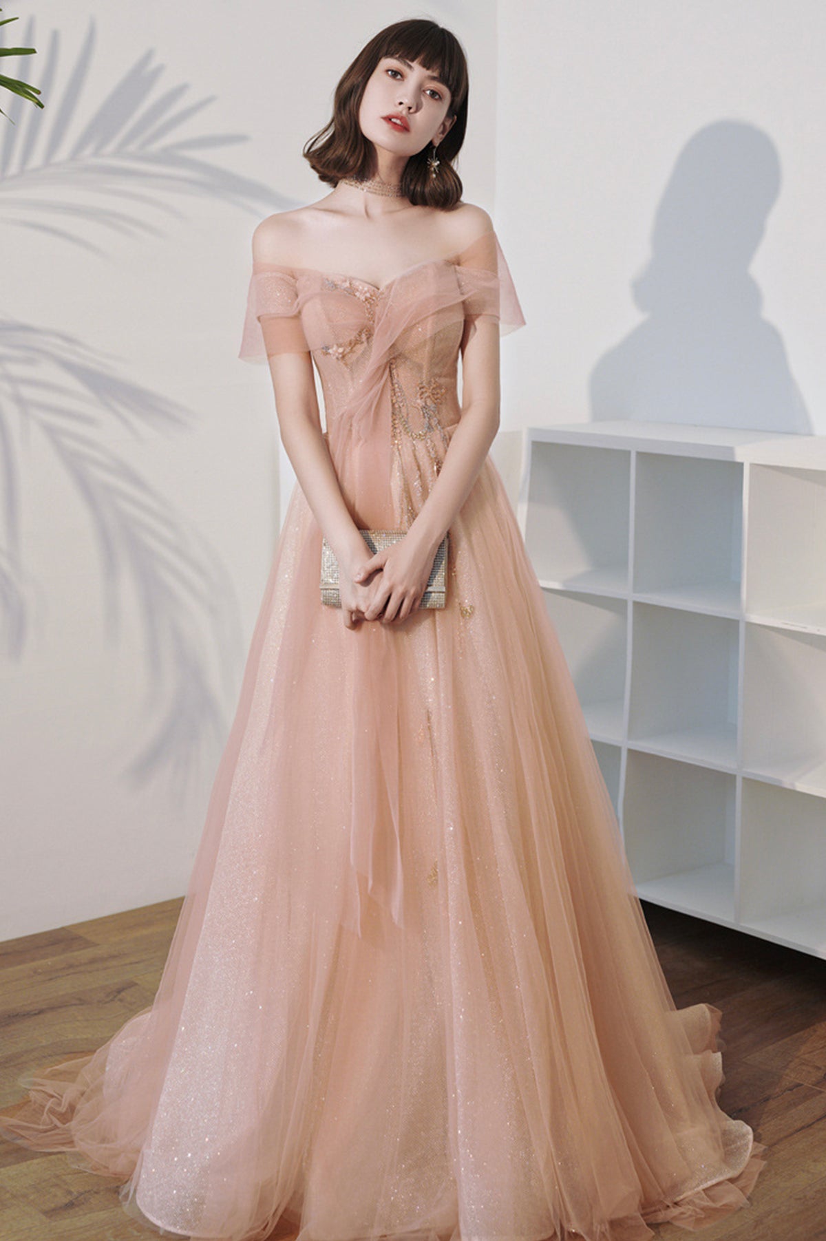 Pink Off the Shoulder Tulle Long Prom Dress, Cute A-Line Evening Dress