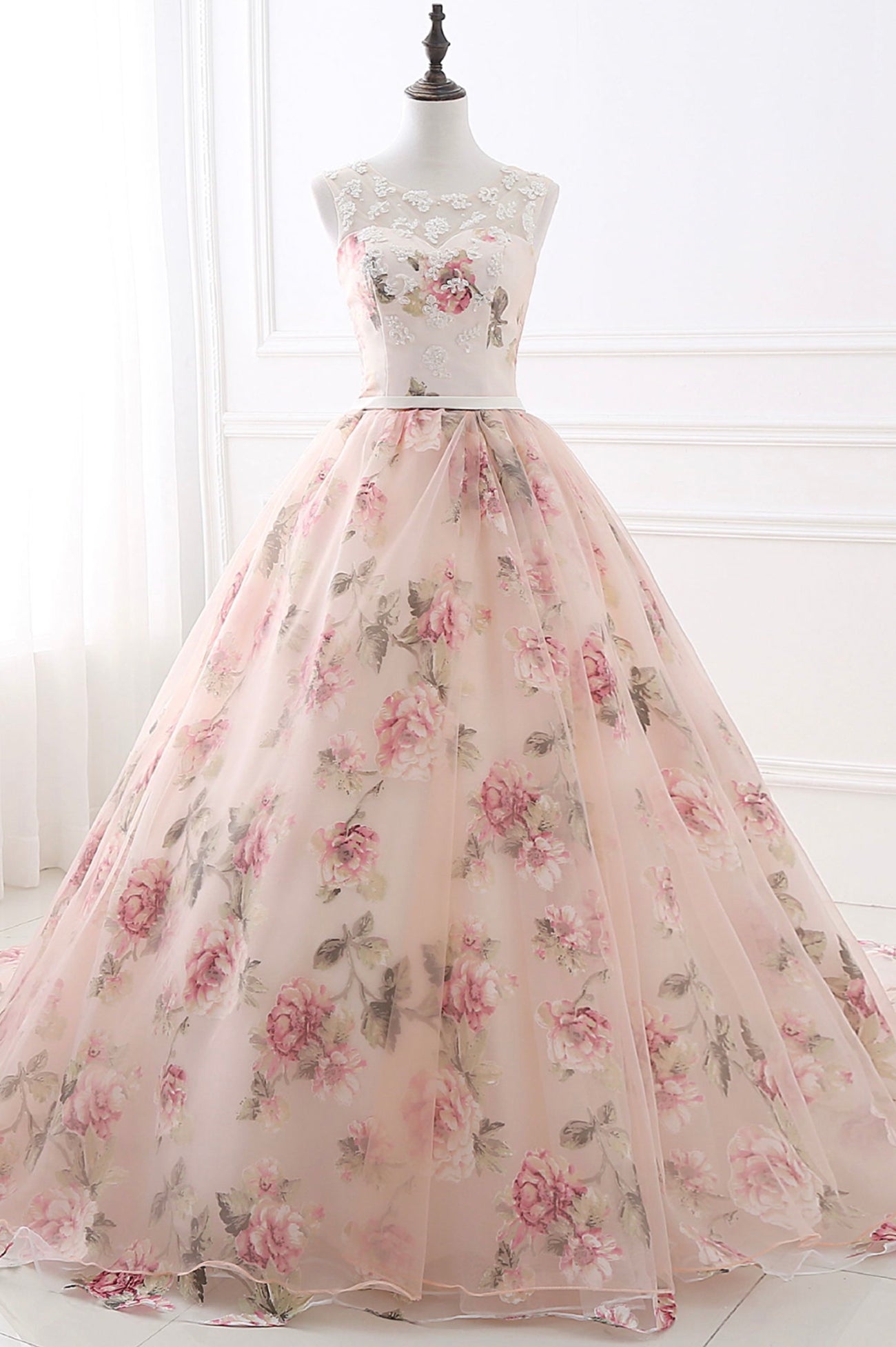 Cute Floral Long Prom Dress with Lace, A-Line Scoop Neckline Party Dre Cute Floral Long Prom Dress with Lace, A-Line Scoop Neckline Party Dre