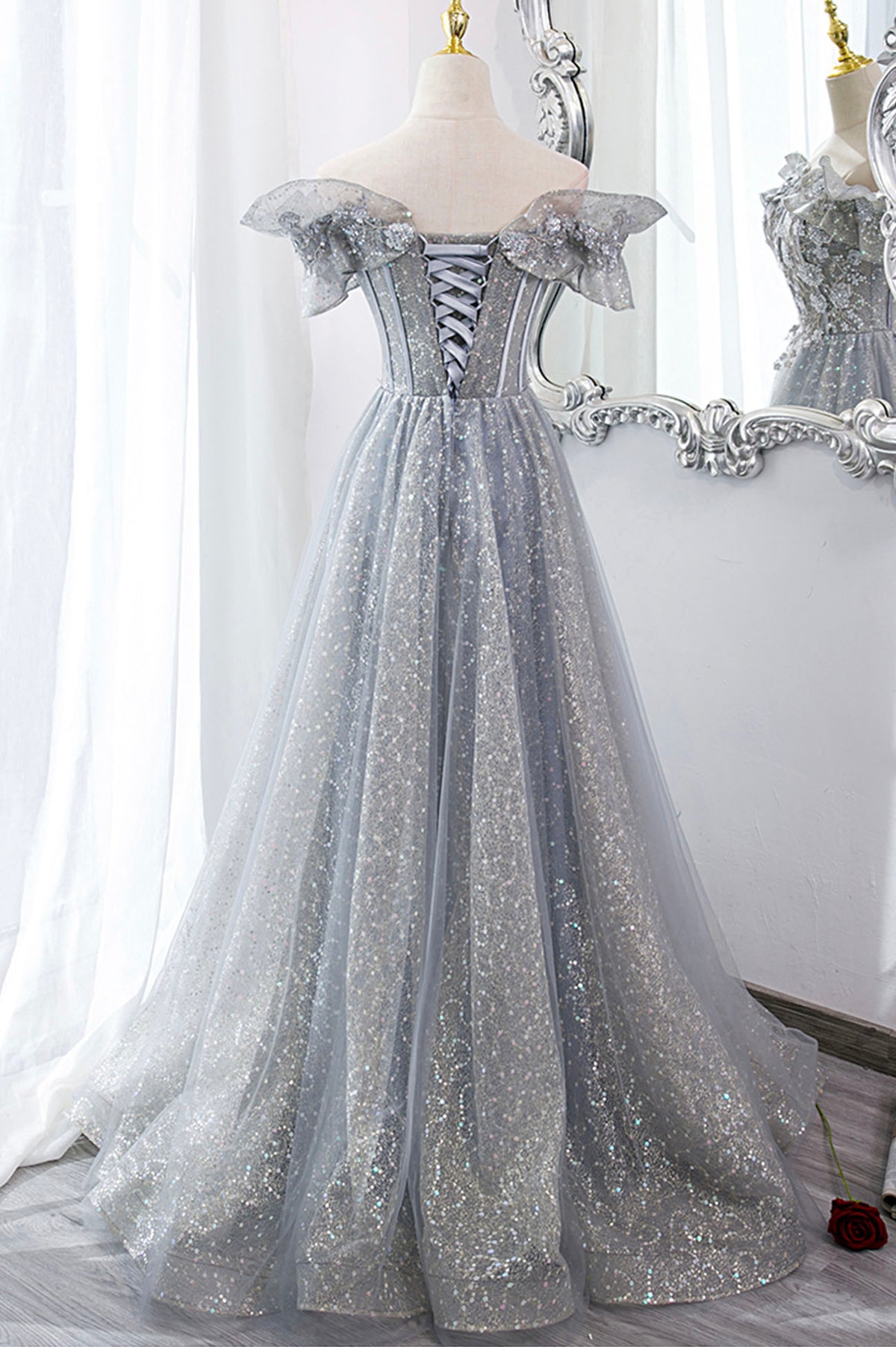 Gray Tulle Sequins Long A-Line Prom Dress, Beautiful Off the Shoulder Graduation Dress