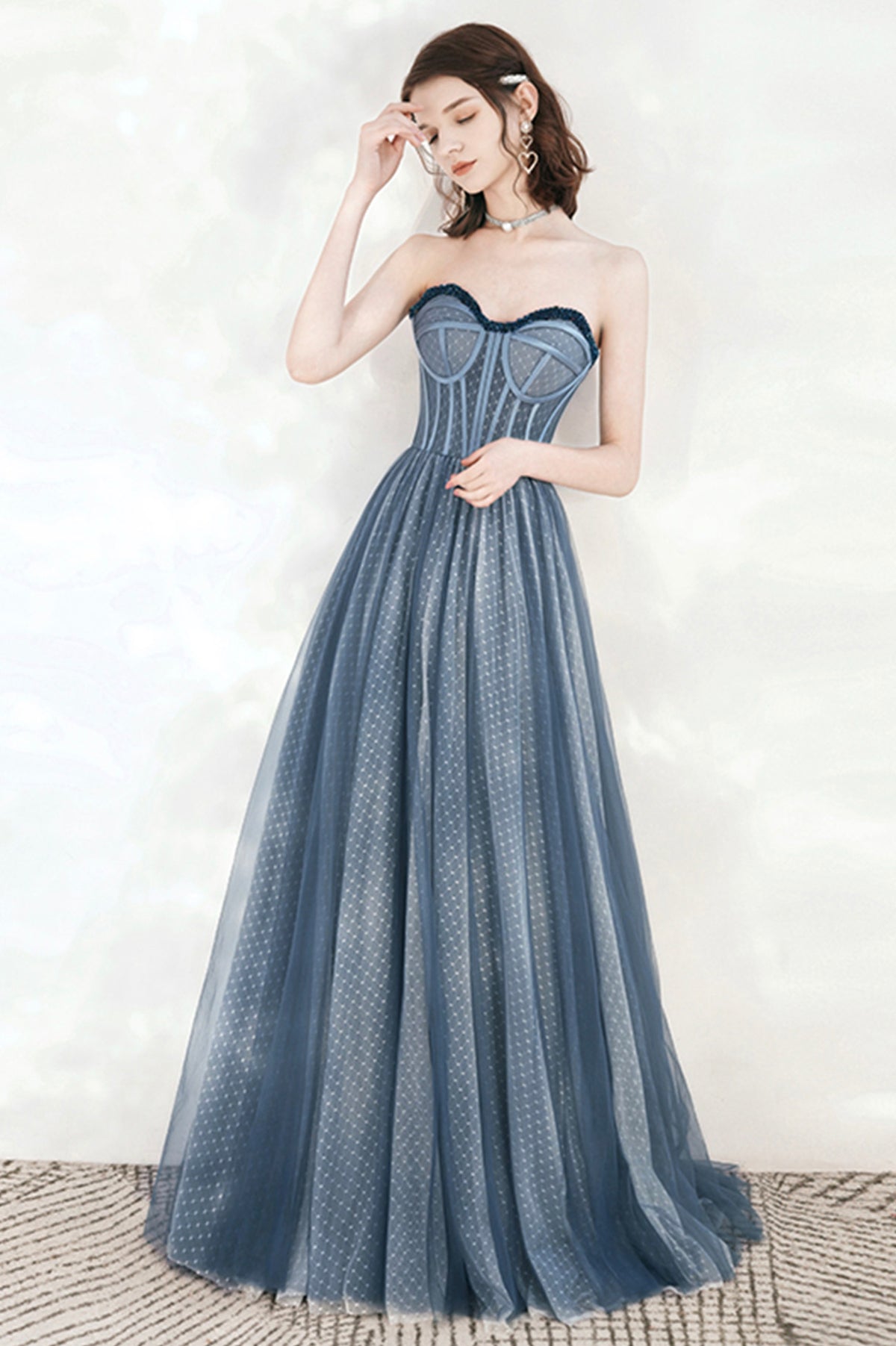 Blue Sweetheart Neckline Tulle Long Prom Dress, A-Line Strapless Evening Dress