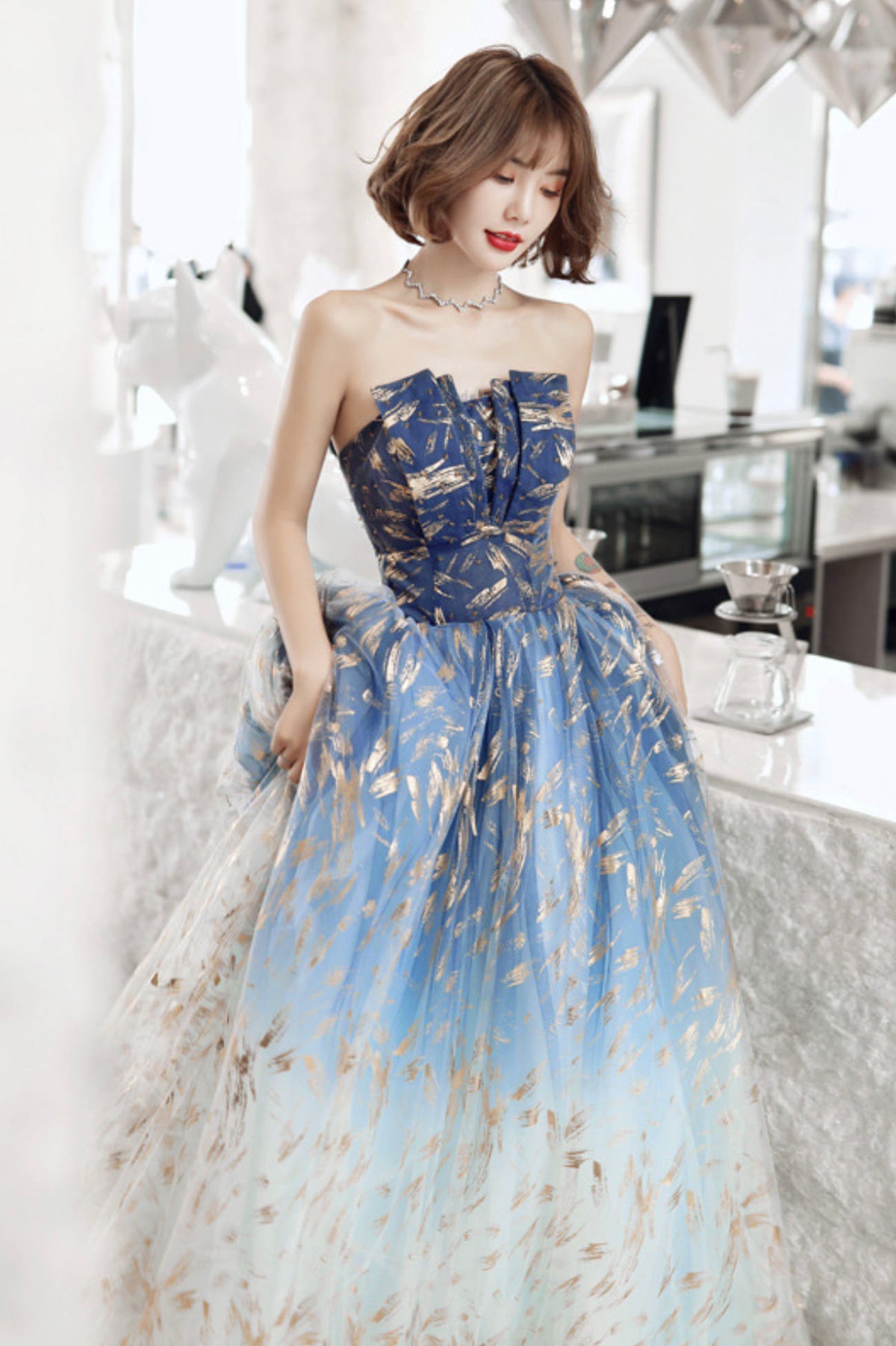 Blue Gradient Tulle Long Prom Dress, A-Line Strapless Evening Party Dress