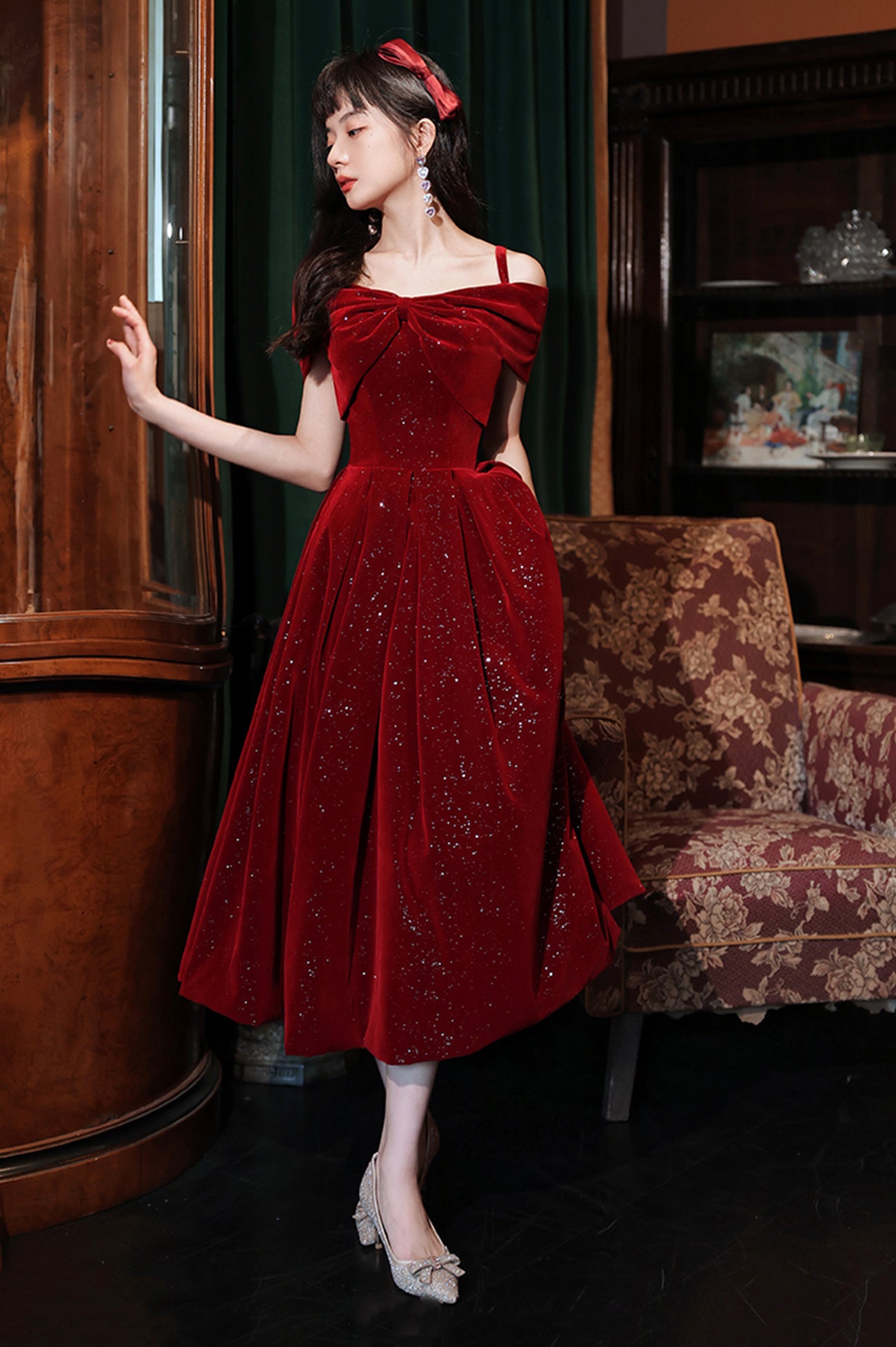 Red Velvet Dress Off Shoulder Red Dress Short Velvet Red Dress