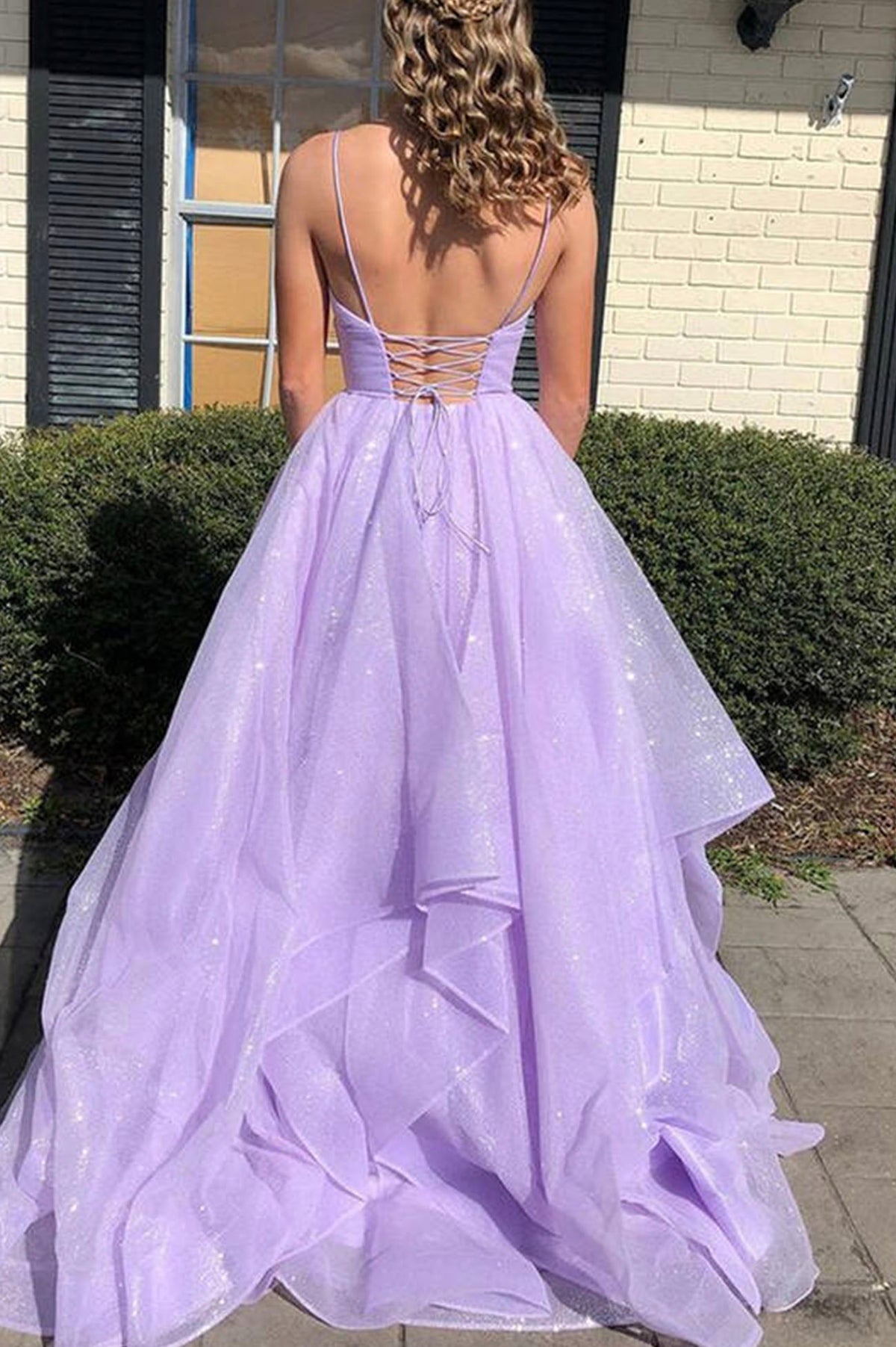 Purple Tulle Long A-Line Prom Dress, V-Neck Spaghetti Straps Evening Dress