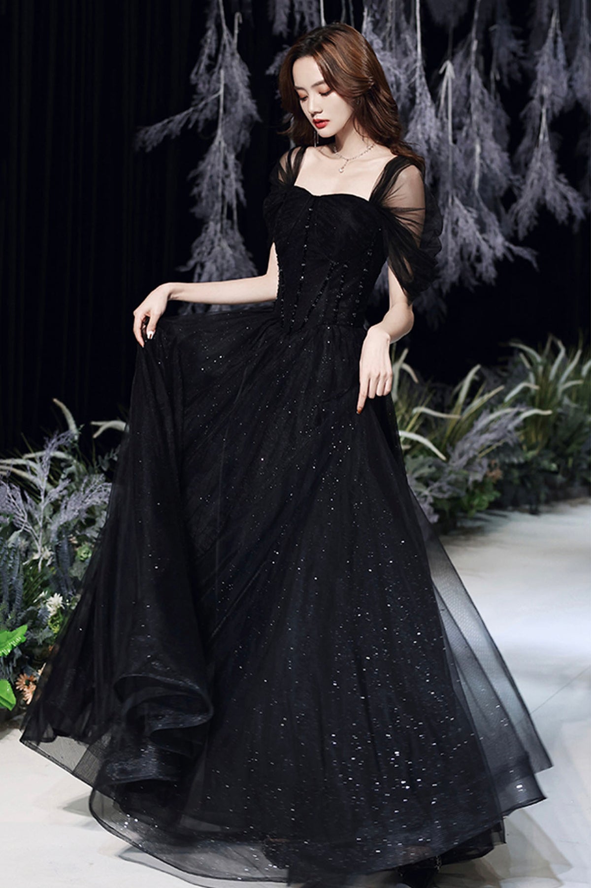 Black Tulle Sequins Long Prom Dress, A-Line Evening Party Dress