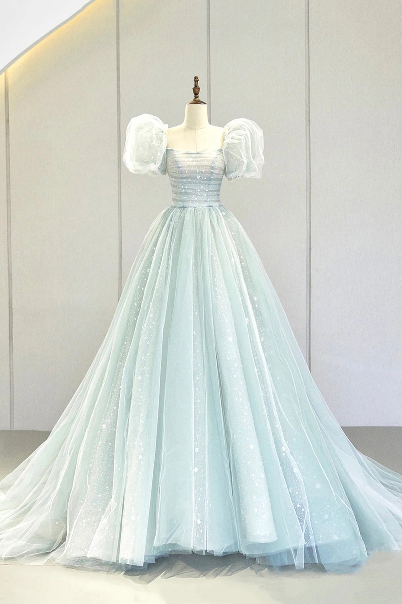 A Blue Tulle Long Puff Sleeve Prom Dress