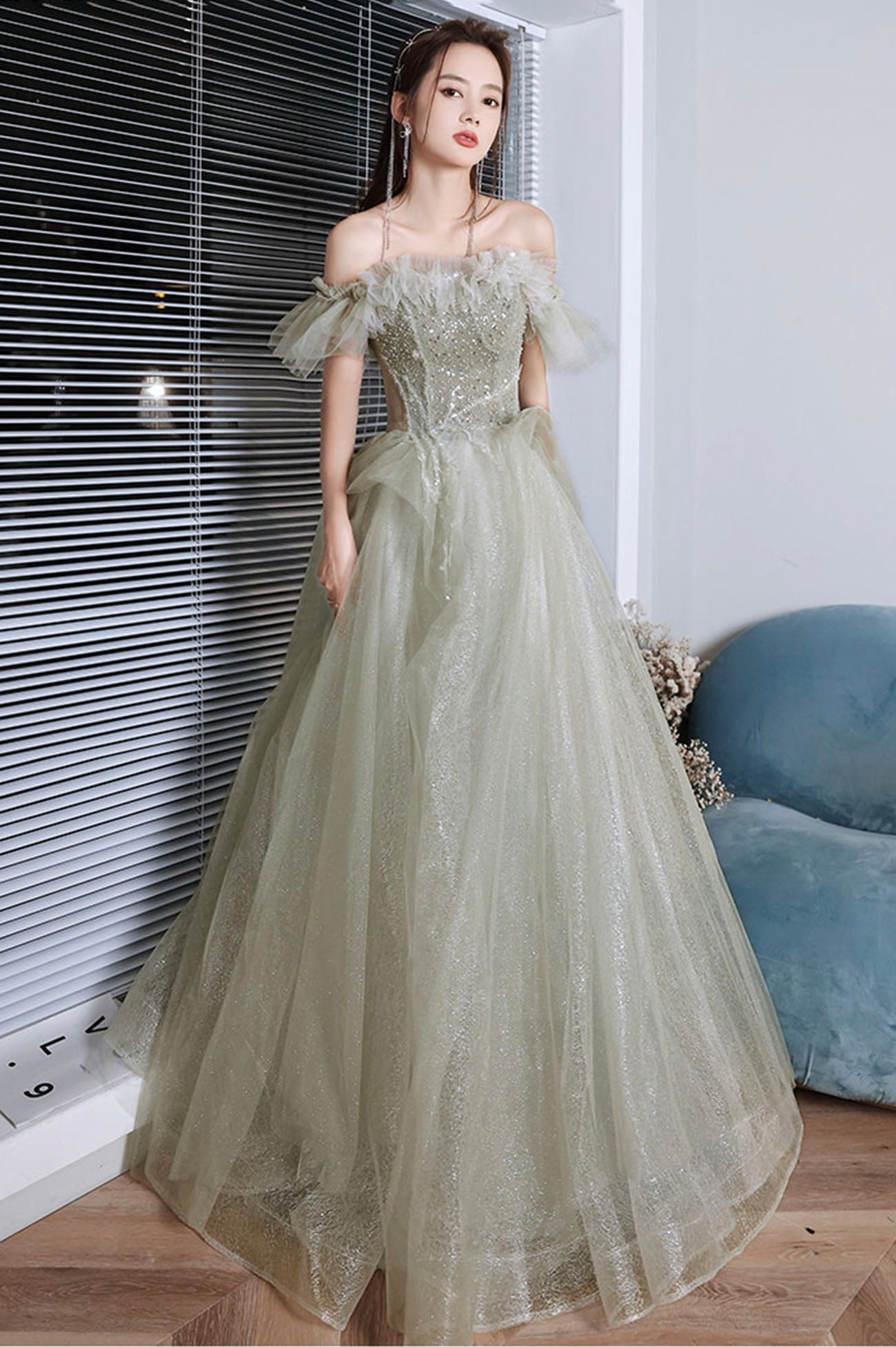Green Shiny Tulle Long Prom Dress with Sequins, Green Evening Graduati