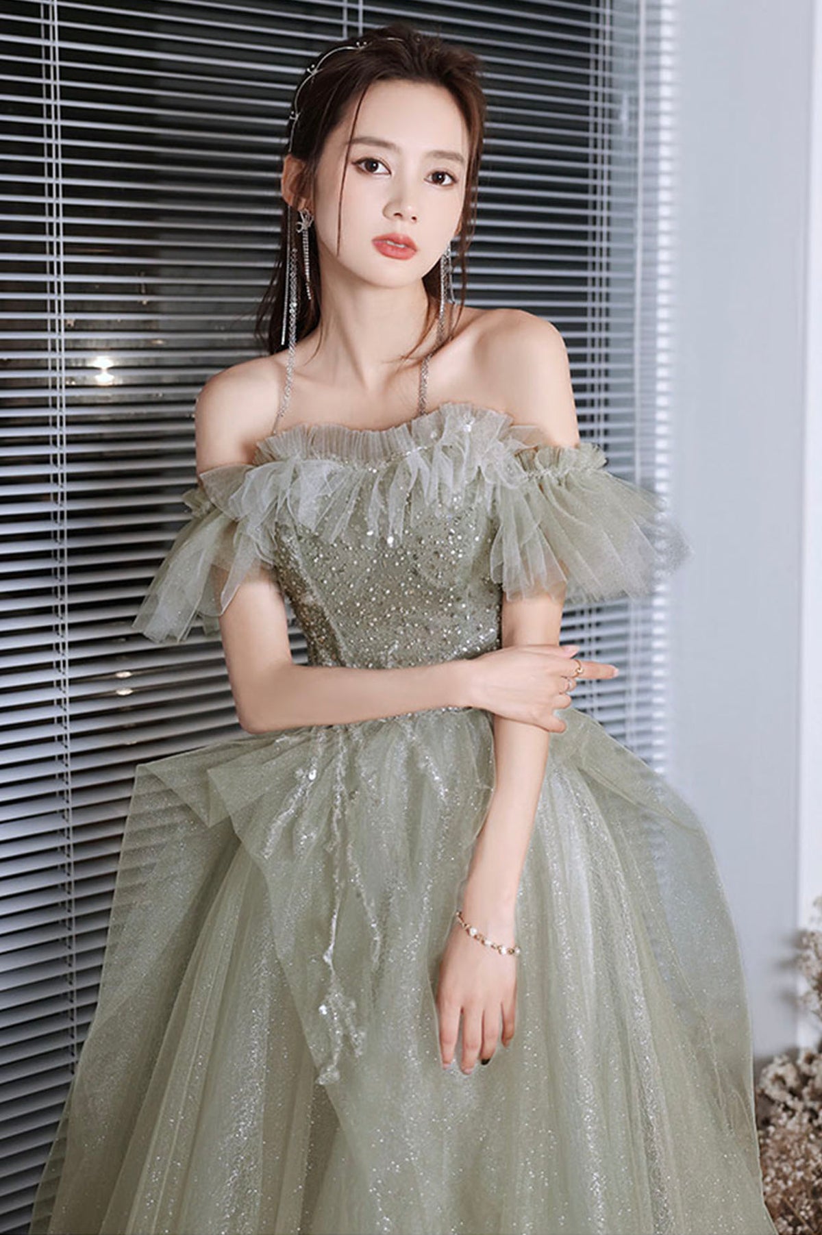 Green Shiny Tulle Long Prom Dress with Sequins, Green Evening Graduation Dress