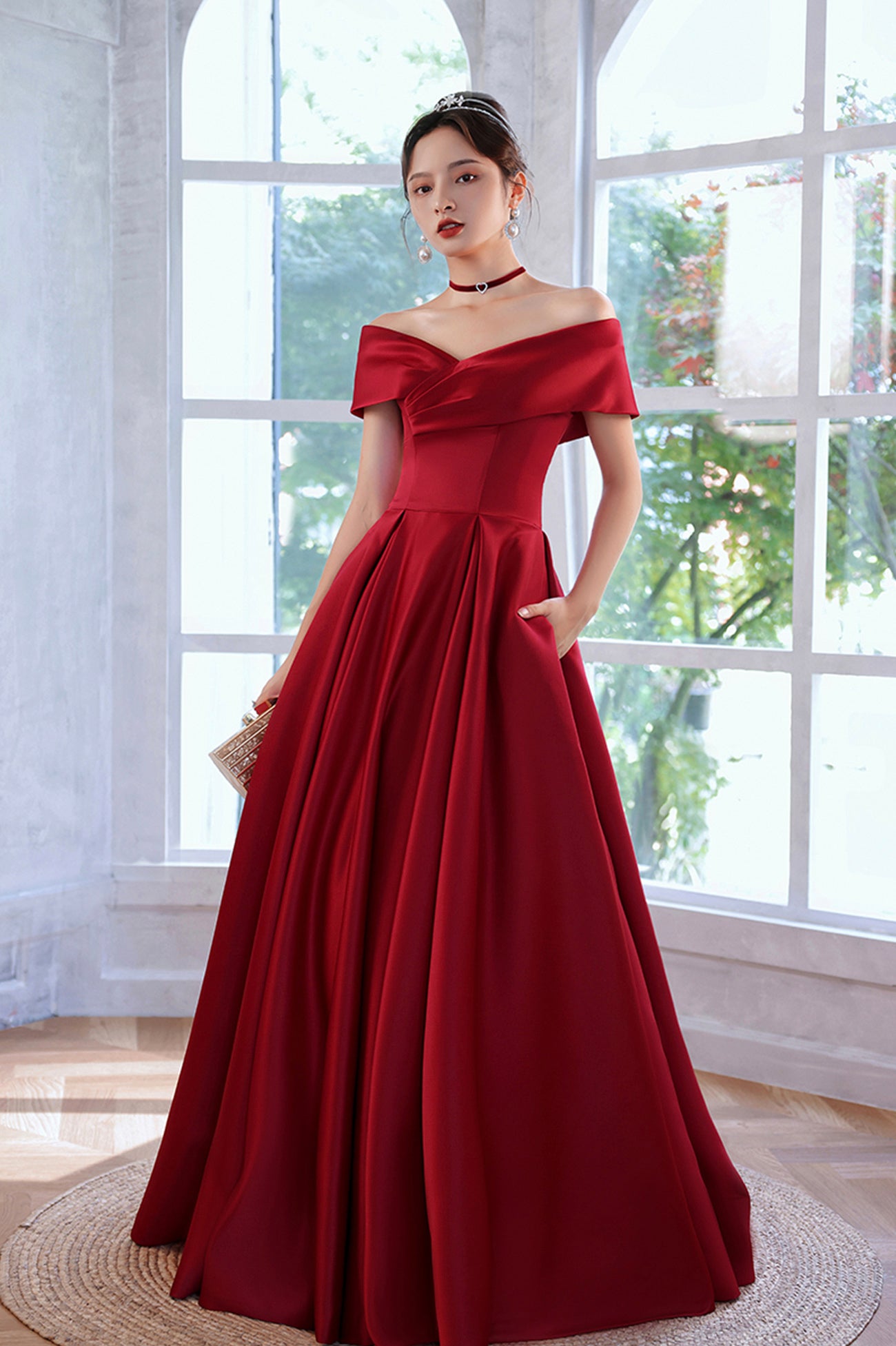 Burgundy Satin Long A-Line Prom Dress, Simple V-Neck Evening Dress Burgundy Satin Long A-Line Prom Dress, Simple V-Neck Evening Dress