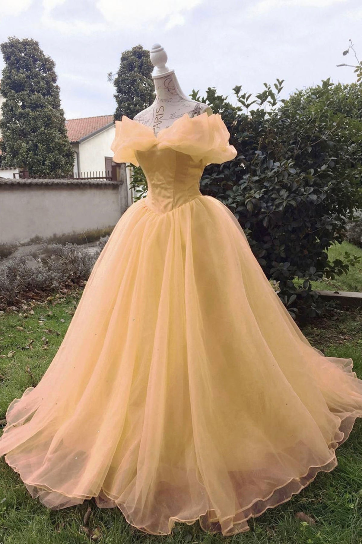 Yellow Tulle Long A-Line Prom Dress, Off the Shoulder Evening Party Dress