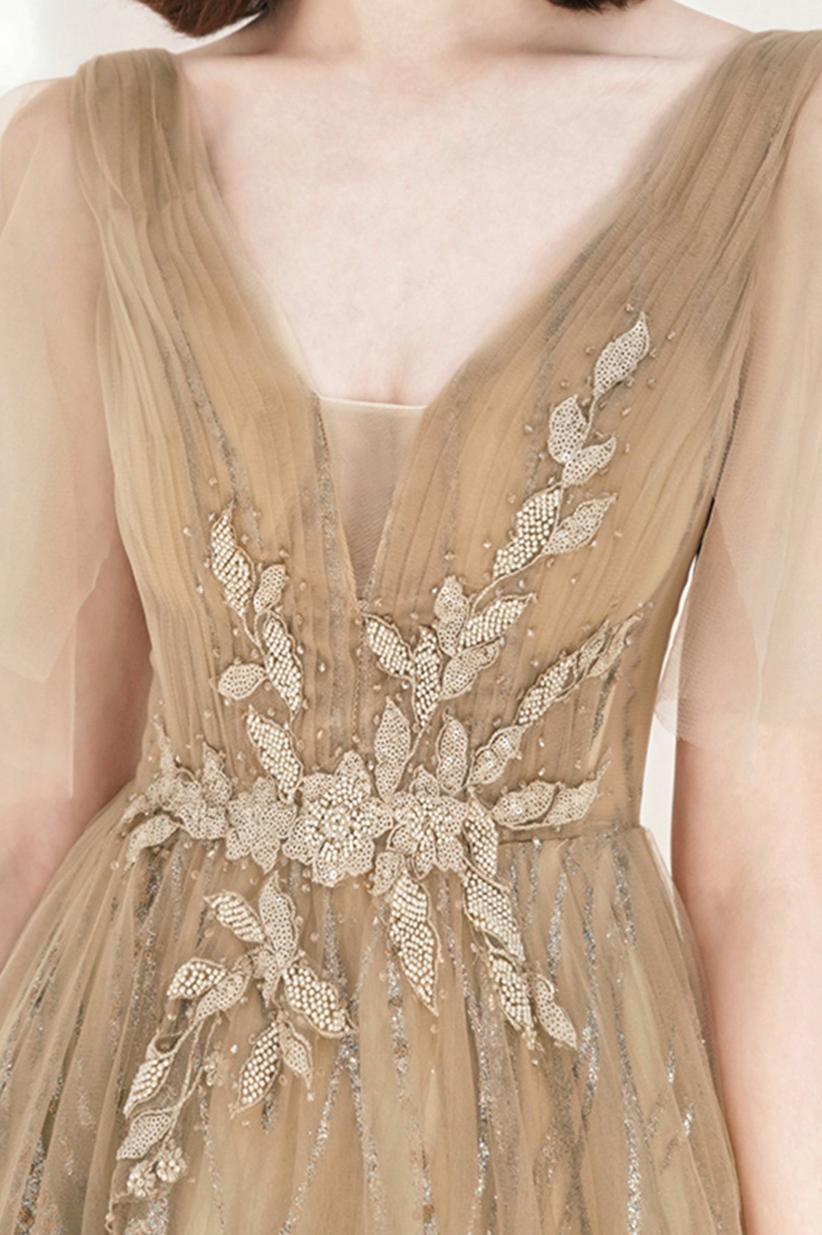 Champagne V-Neck Tulle Sequins Long Prom Dress, A-Line Party Dress