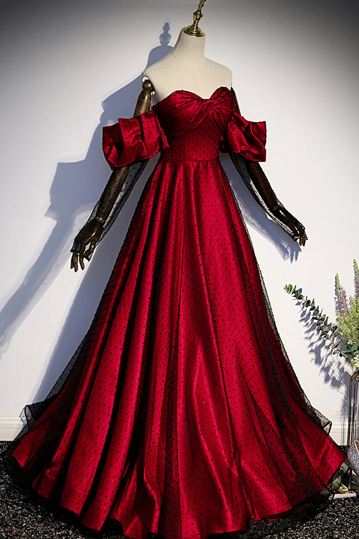 Burgundy Satin Tulle Long Prom Dress, Off the Shoulder Formal Evening Dress