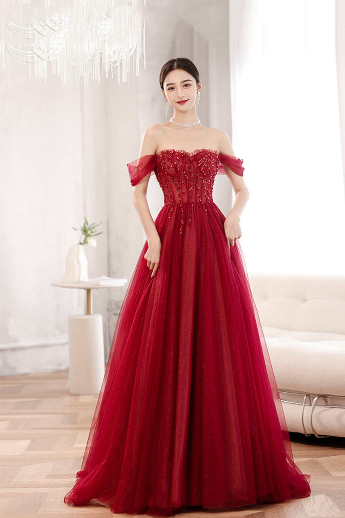 Red Off the Shoulder Tulle Long Formal Evening Dress, A-Line Sequins Party Dress