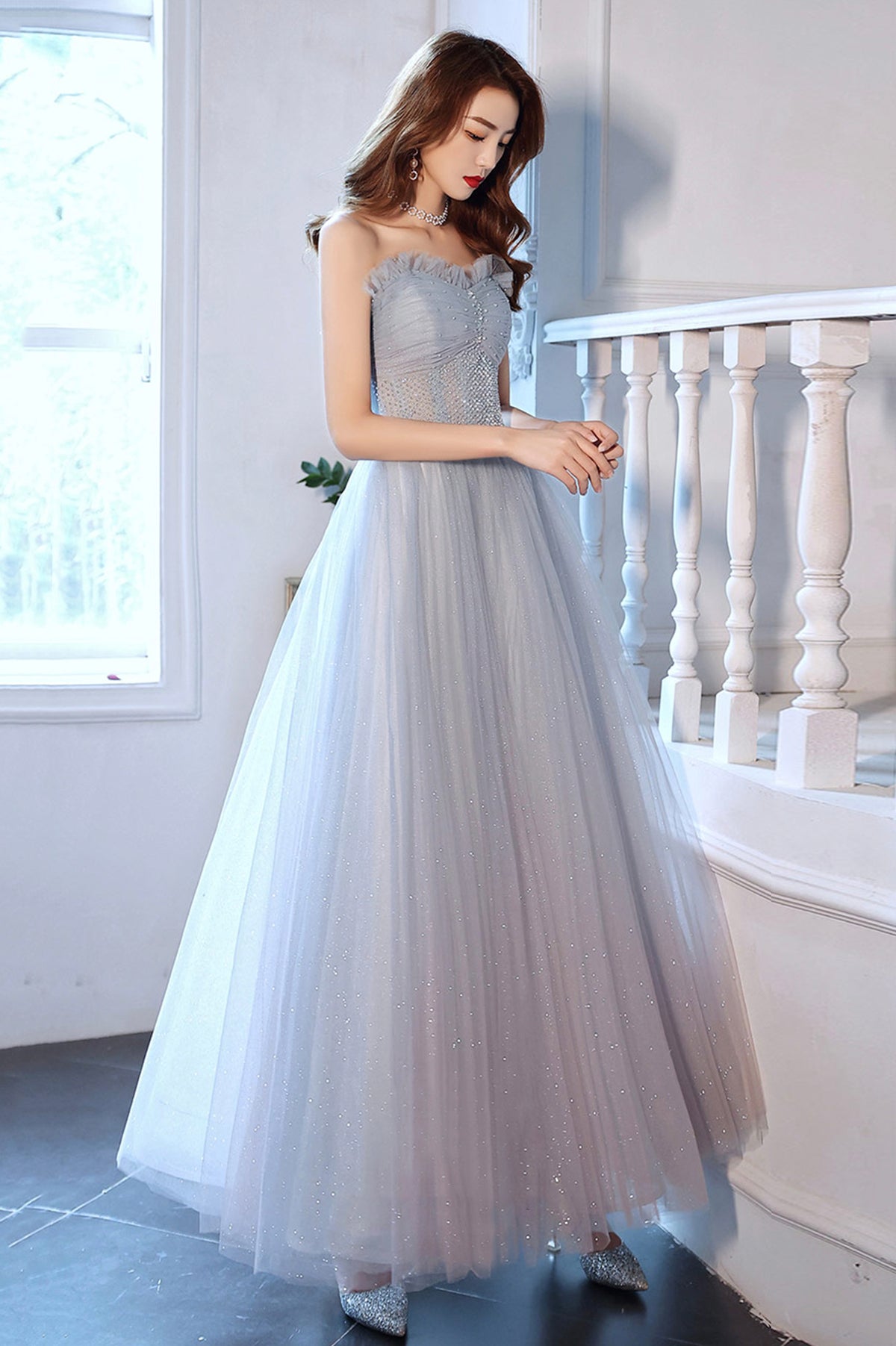 Blue Tulle Long A-Line Prom Dress with Beaded, Blue Strapless Evening Dress