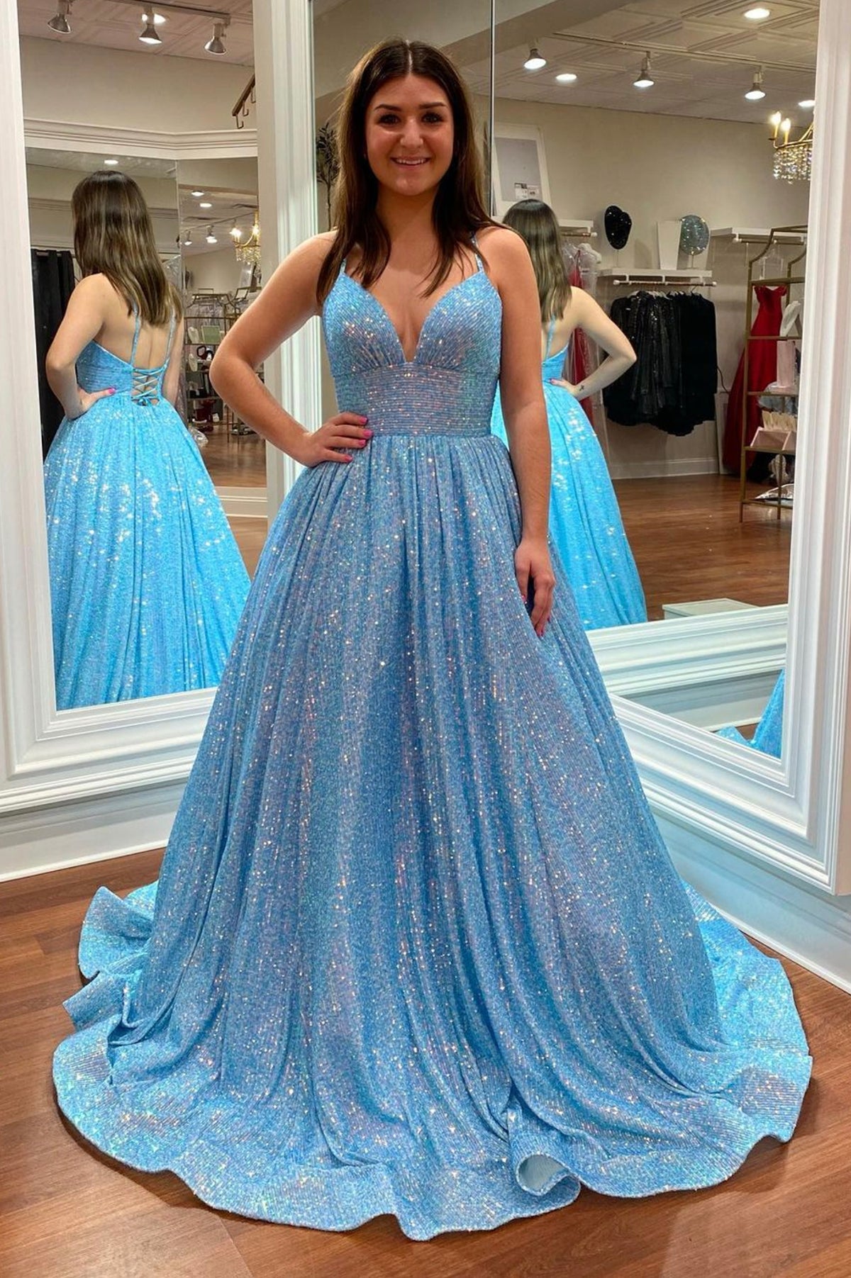Blue V-Neck Sequins Long Prom Dress, A-Line Backless Evening Dress