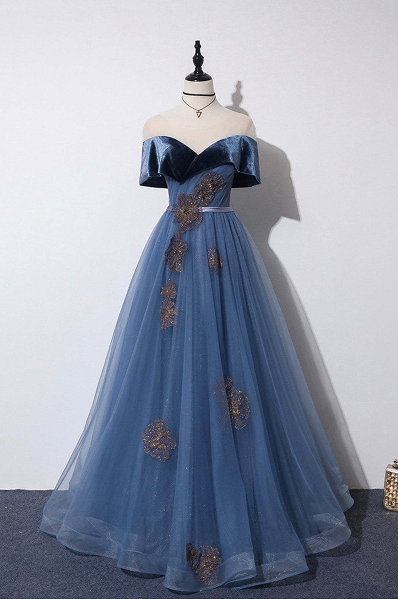 Blue Velvet Tulle Long A-Line Prom Dress, Off the Shoulder Evening Dre Blue Velvet Tulle Long A-Line Prom Dress, Off the Shoulder Evening Dre