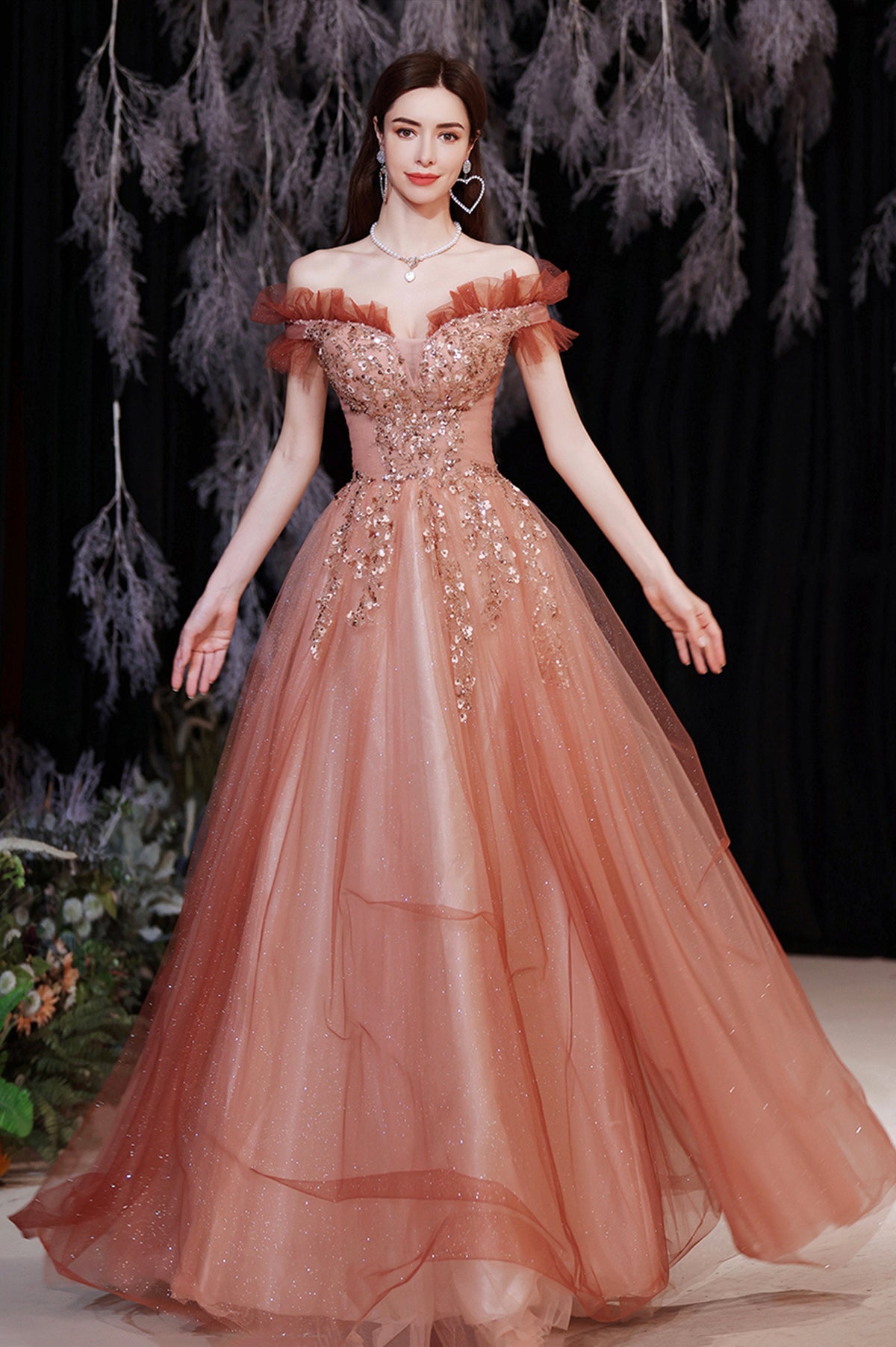 Shiny Tulle Long A-Line Prom Dress with Sequins, Off the Shoulder Evening Dress