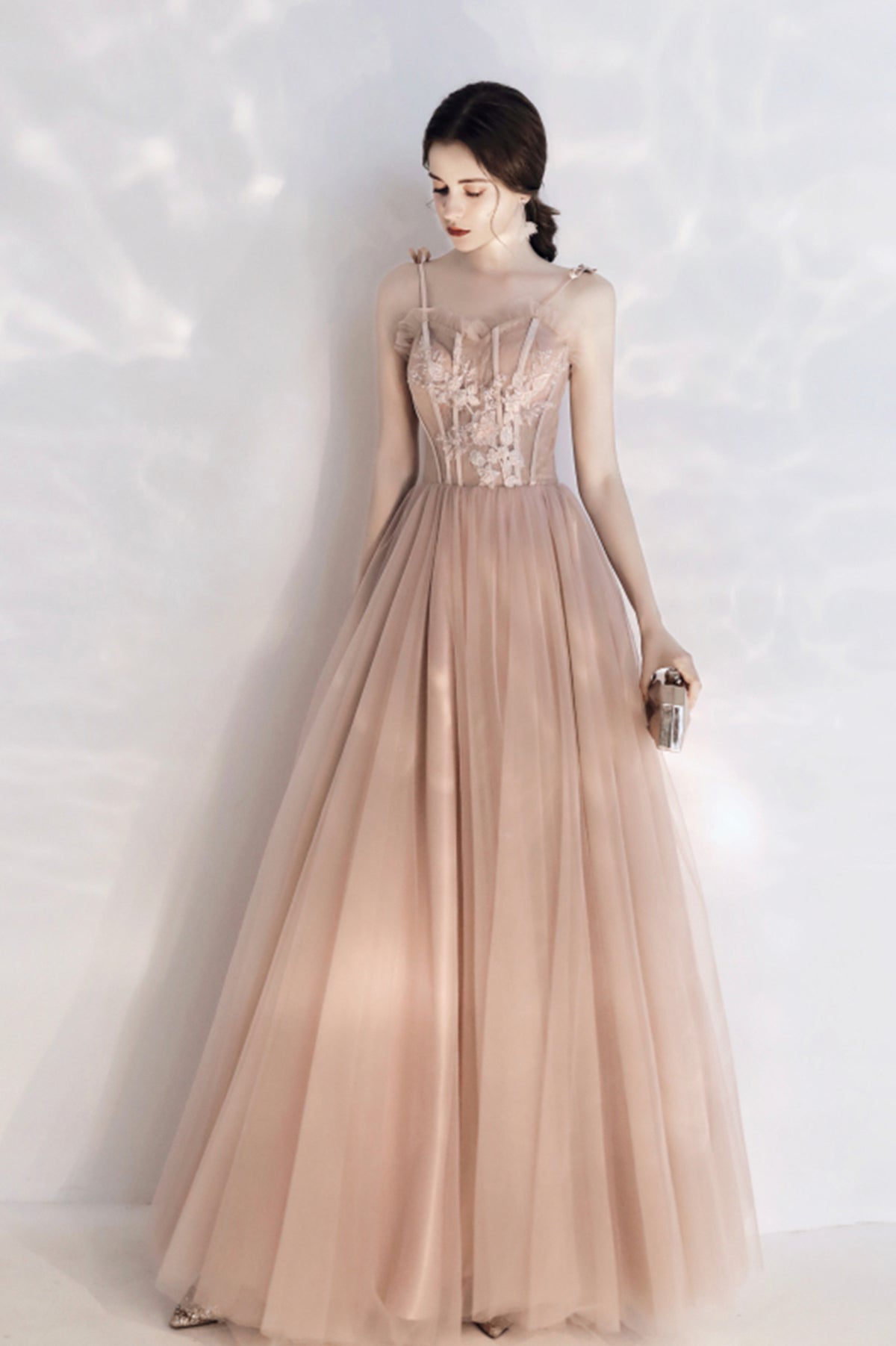 Pink Tulle Long A-Line Prom Dress with Lace, Pink Evening Party Dress