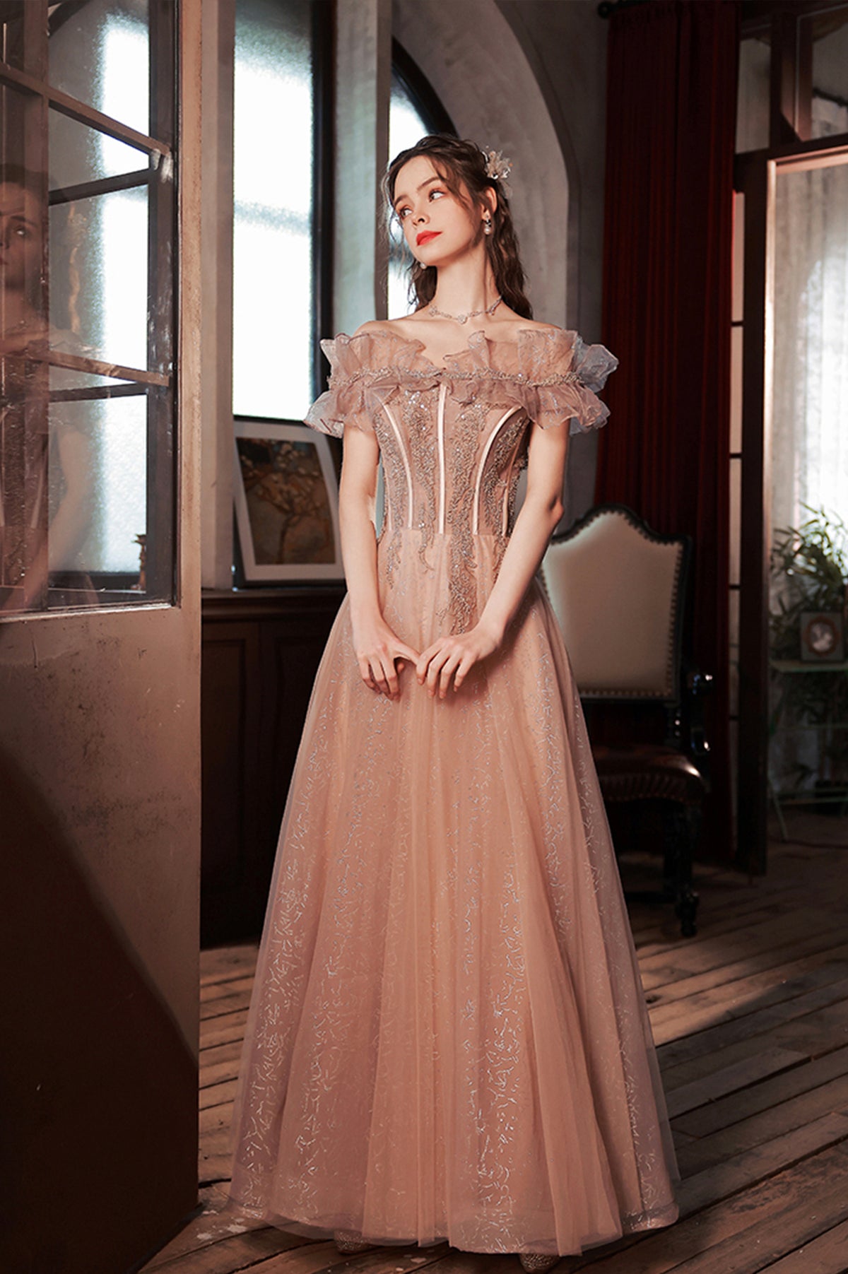 Pink Tulle Long A-Line Prom Dress with Sequins, Off the Shoulder Evening Party Dress