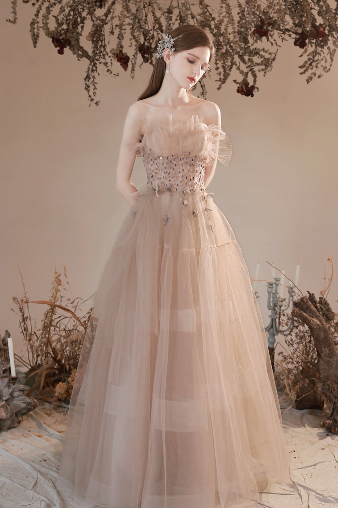 Champagne Strapless Tulle Long Prom Dress with Beaded, A-Line Evening Champagne Strapless Tulle Long Prom Dress with Beaded, A-Line Evening
