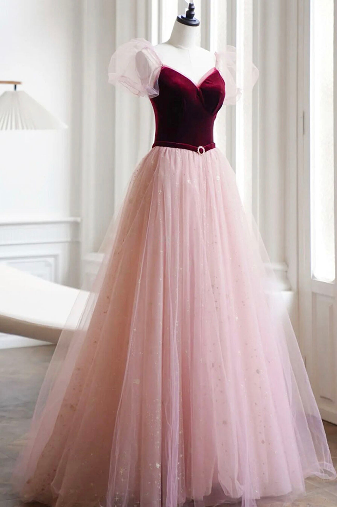 A-Line Velvet Tulle Long Prom Dress, Pink Short Sleeve Formal Evening