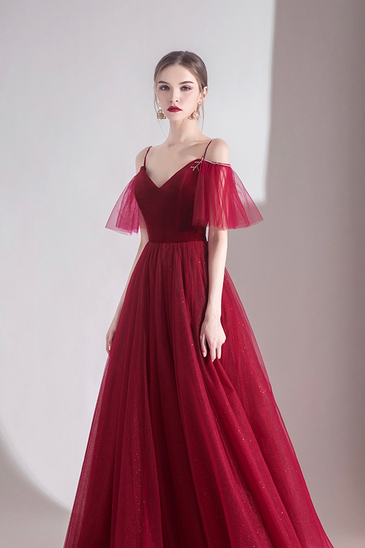 Burgundy Velvet Tulle Long A-Line Prom Dress, V-Neck Evening Dress