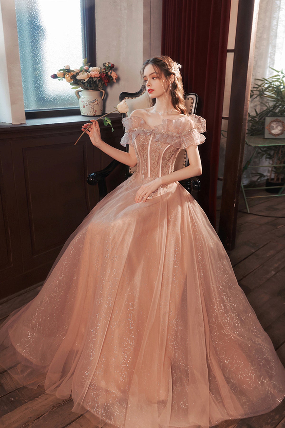 Pink Tulle Long A-Line Prom Dress with Sequins, Off the Shoulder Evening Party Dress