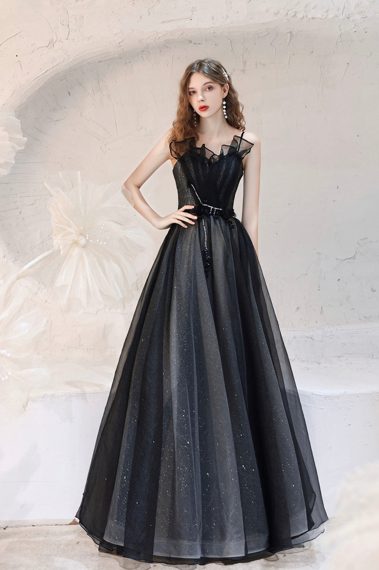 Black Tulle Layers Long A-Line Prom Dress, Black Strapless Evening Dress