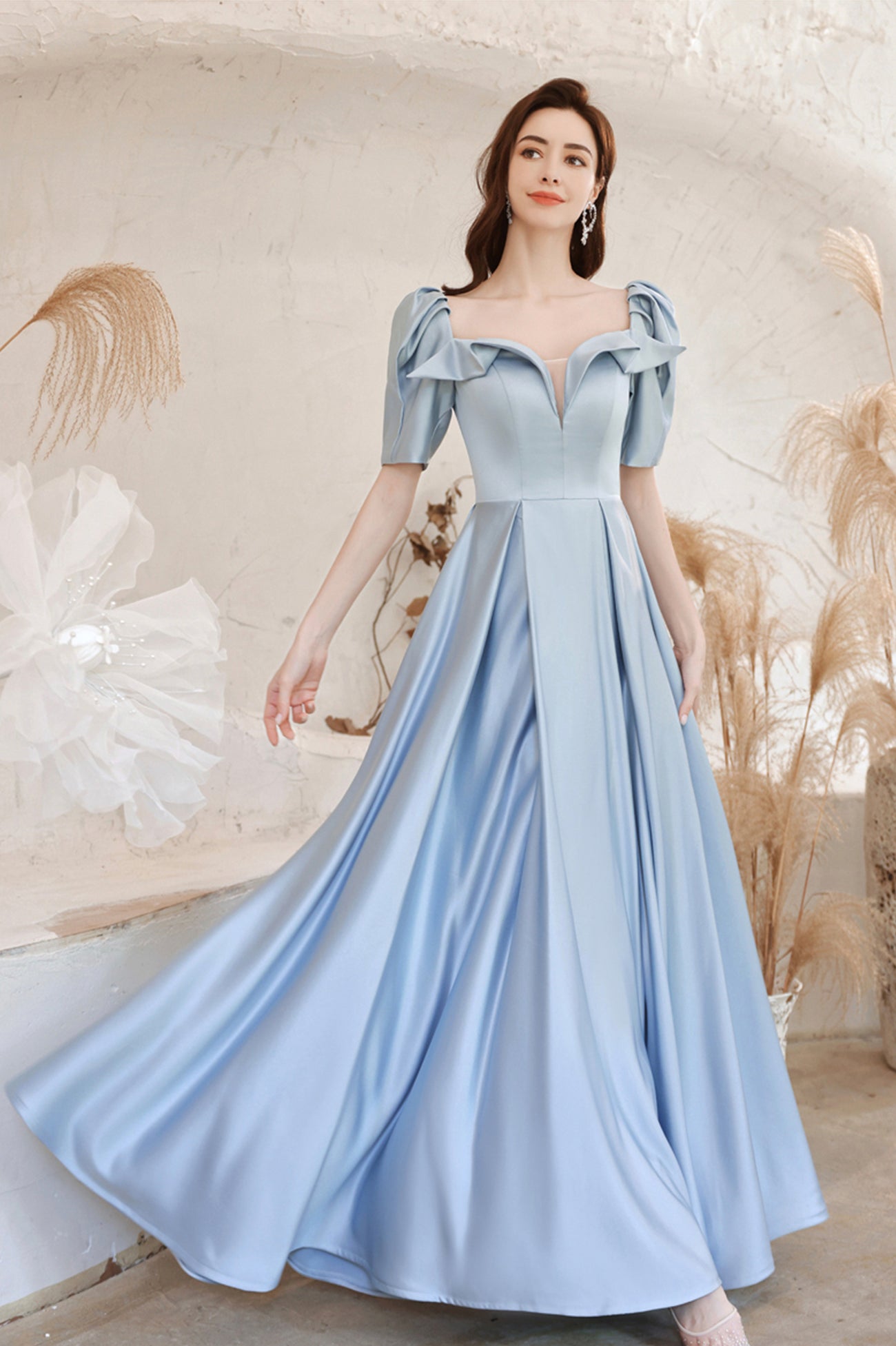 Blue Satin Long A-Line Prom Dress, Blue Short Sleeve Evening Dress Blue Satin Long A-Line Prom Dress, Blue Short Sleeve Evening Dress