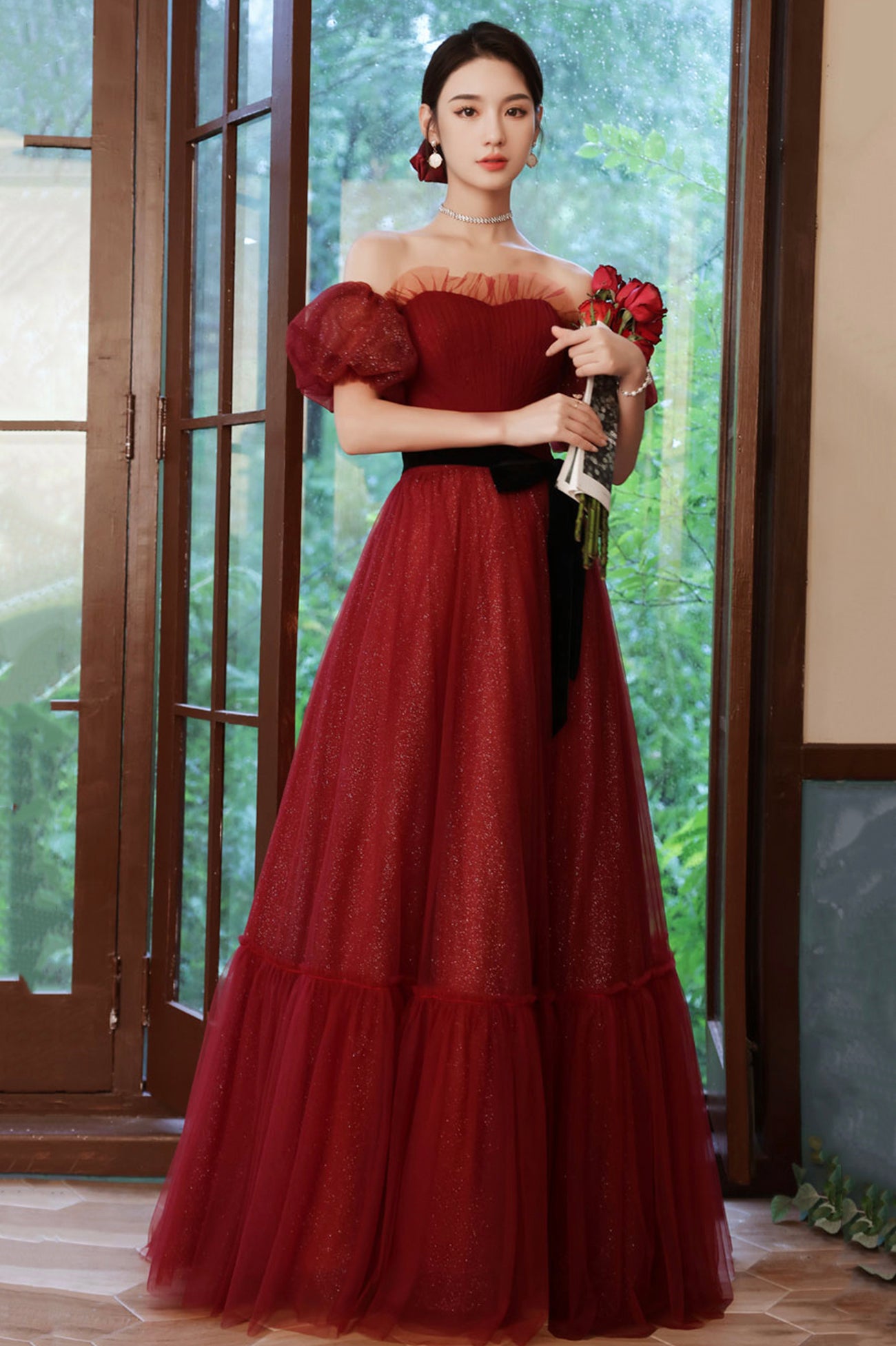 Burgundy Tulle Long A-Line Prom Dress, Off the Shoulder Evening Dress Burgundy Tulle Long A-Line Prom Dress, Off the Shoulder Evening Dress