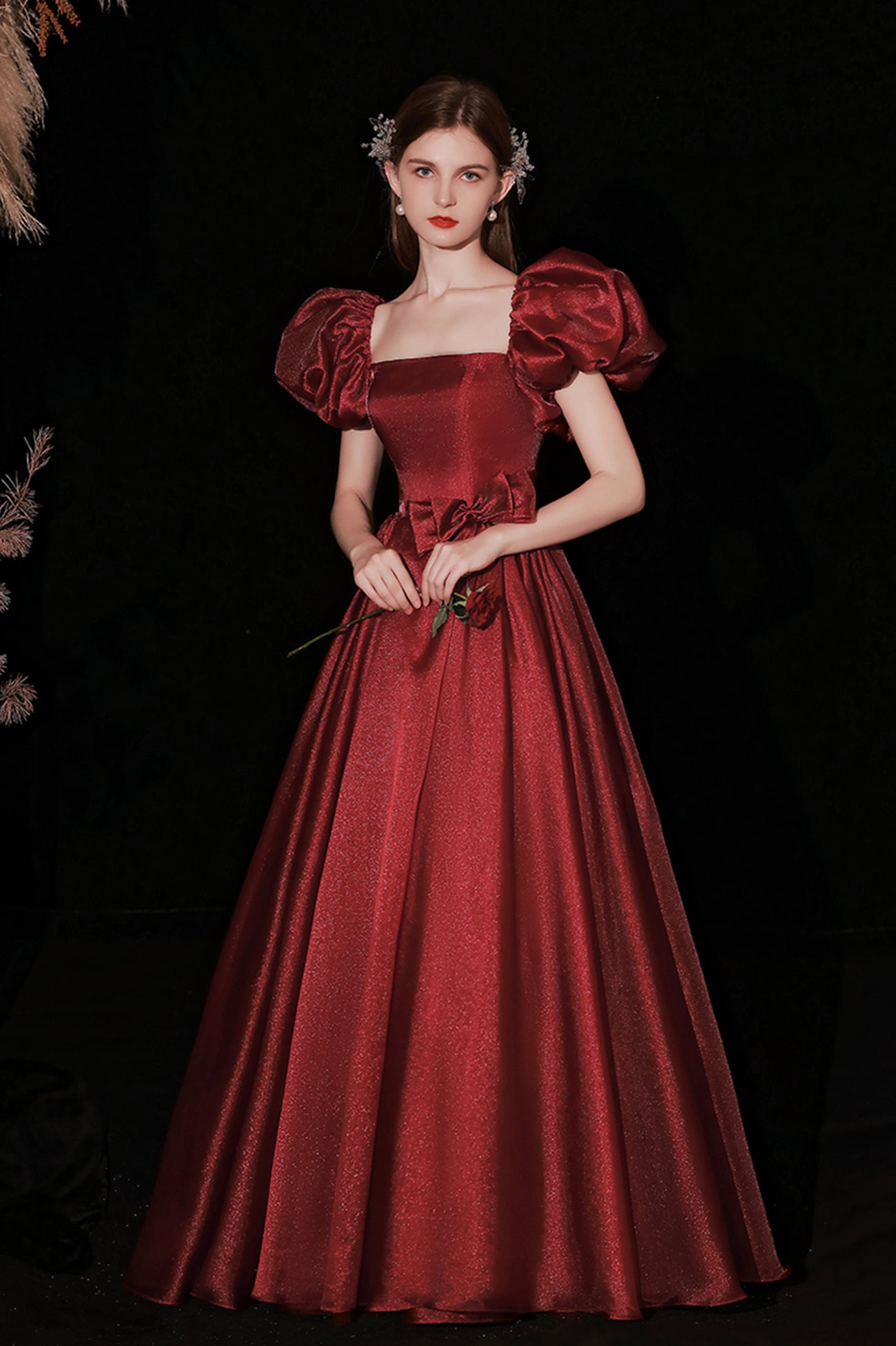 puffy burgundy dress Burgundy puffy evening dress with a corset design