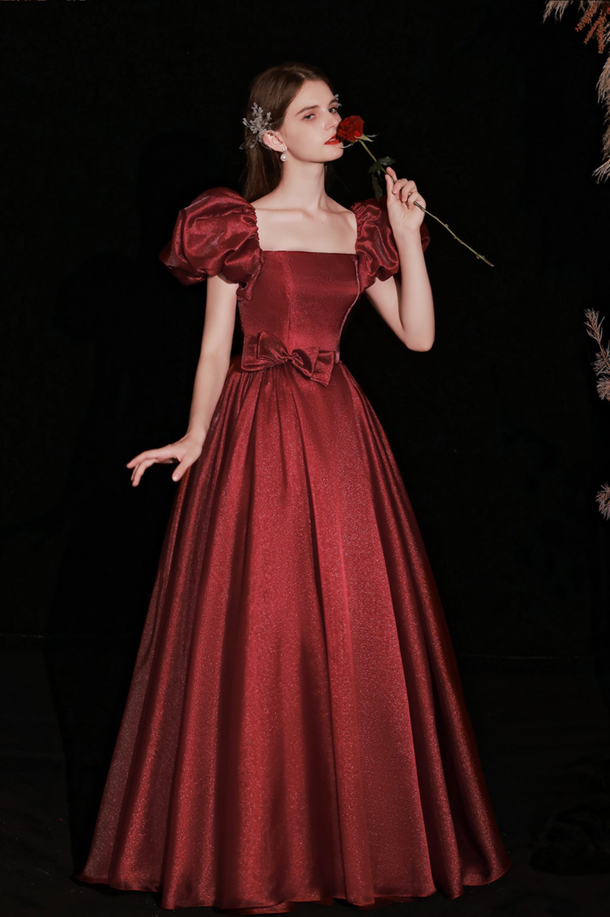 Burgundy Satin Long Prom Dress, A-Line Puff Sleeves Evening Dress