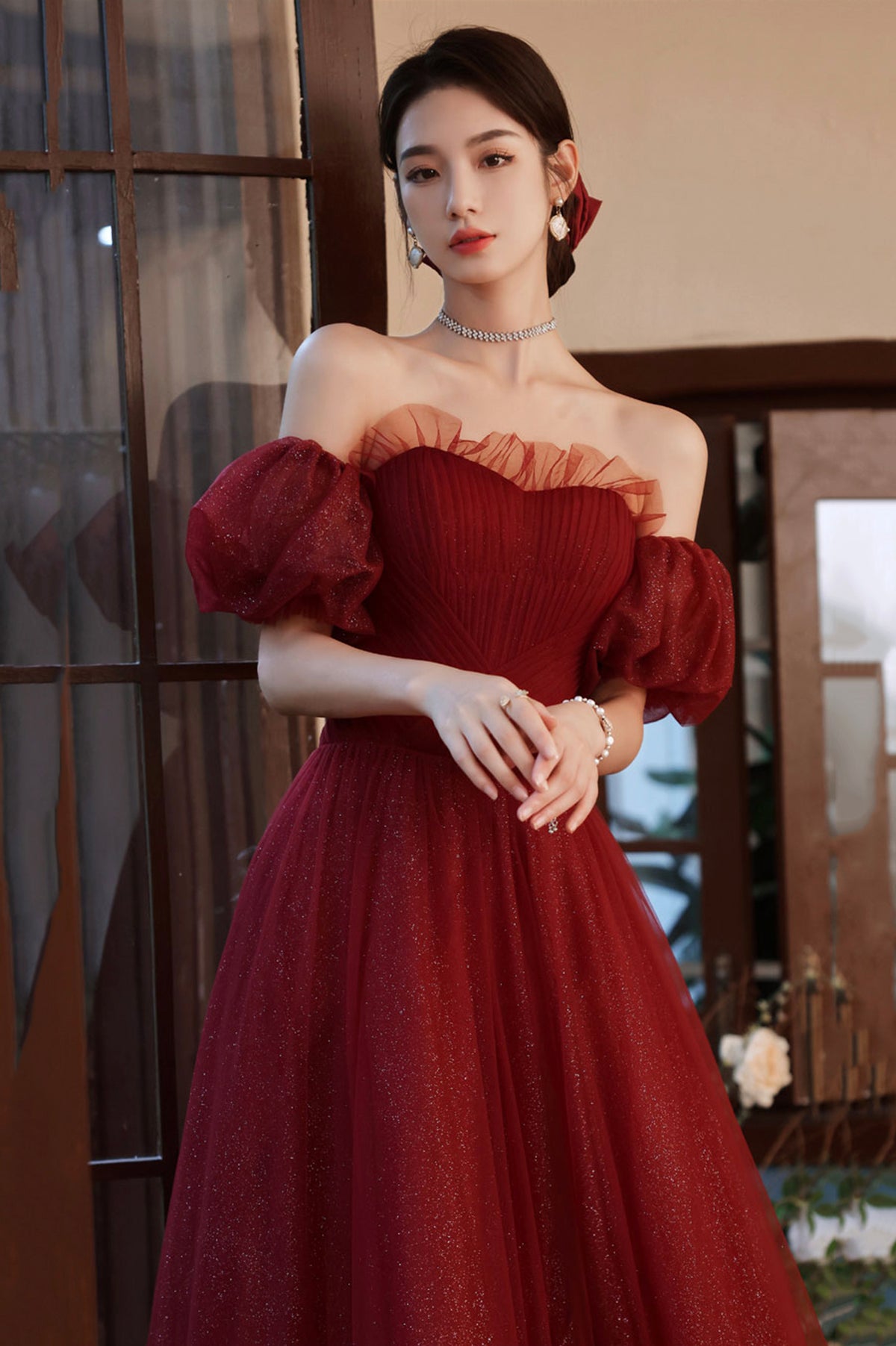 Burgundy Tulle Long A-Line Prom Dress, Off the Shoulder Evening Dress