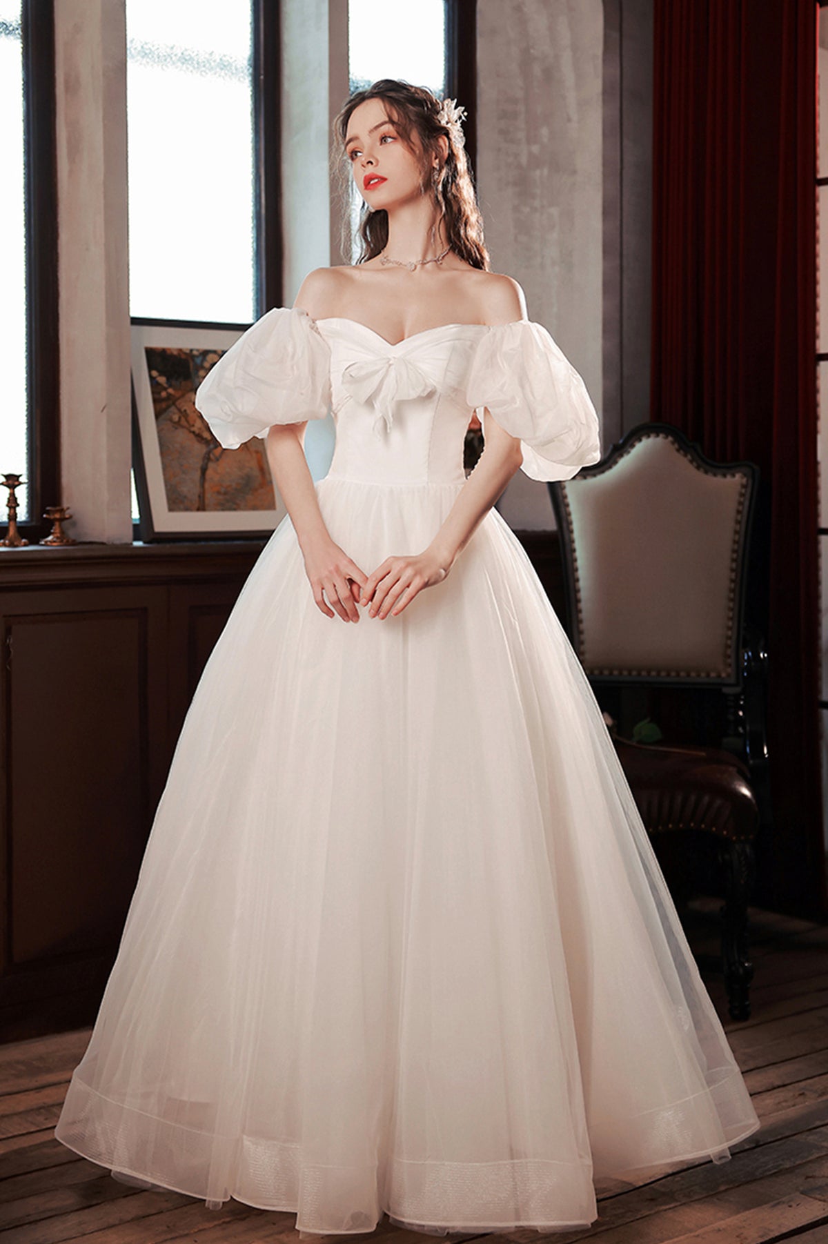 White Tulle Long Prom Dress, Lovely A-Line Puff Sleeve Evening Dress