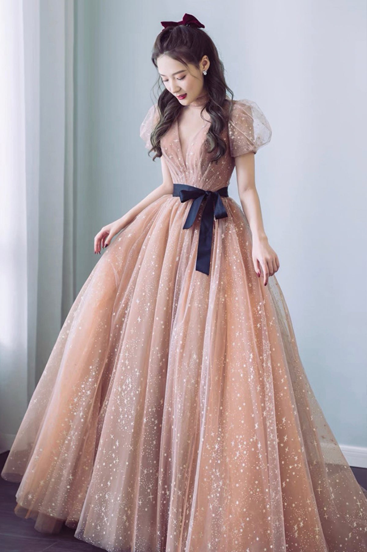 Cute Tulle Long Prom Dress with Bow, A-Line Evening Graduation Dress