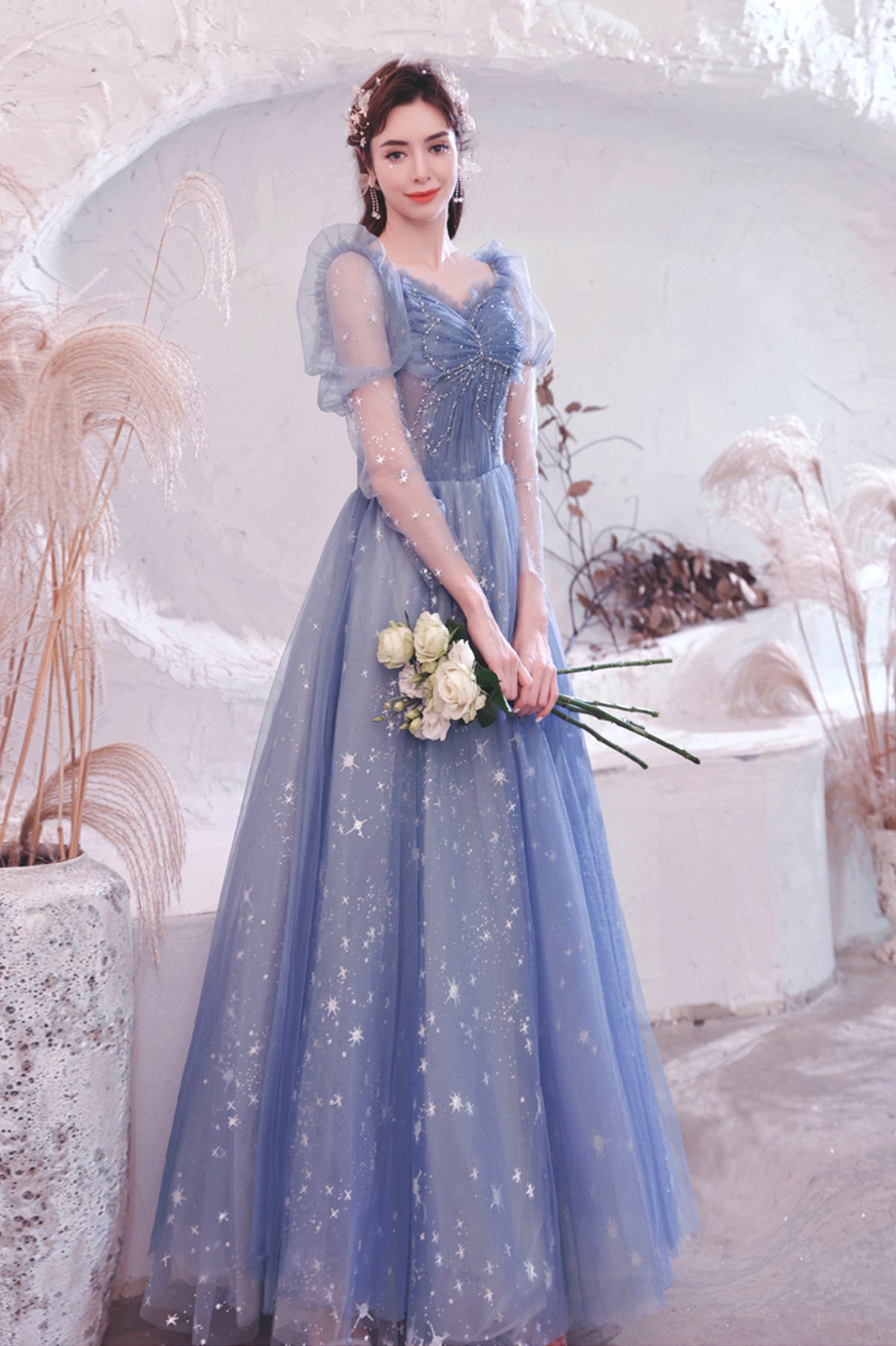 Blue Tulle Long Sleeve Prom Dress, A-Line Long Sleeve Tulle Evening Party Dress