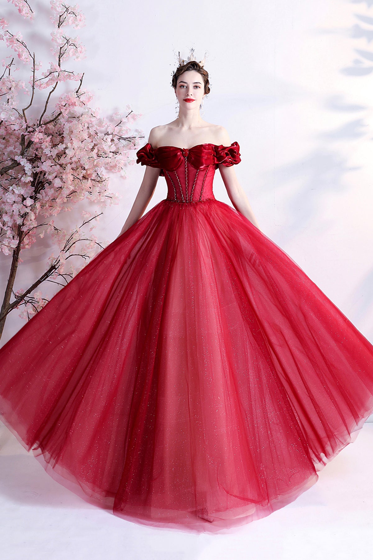 Red Tulle Off the Shoulder Long Prom Dress, A-Line Graduation Dress