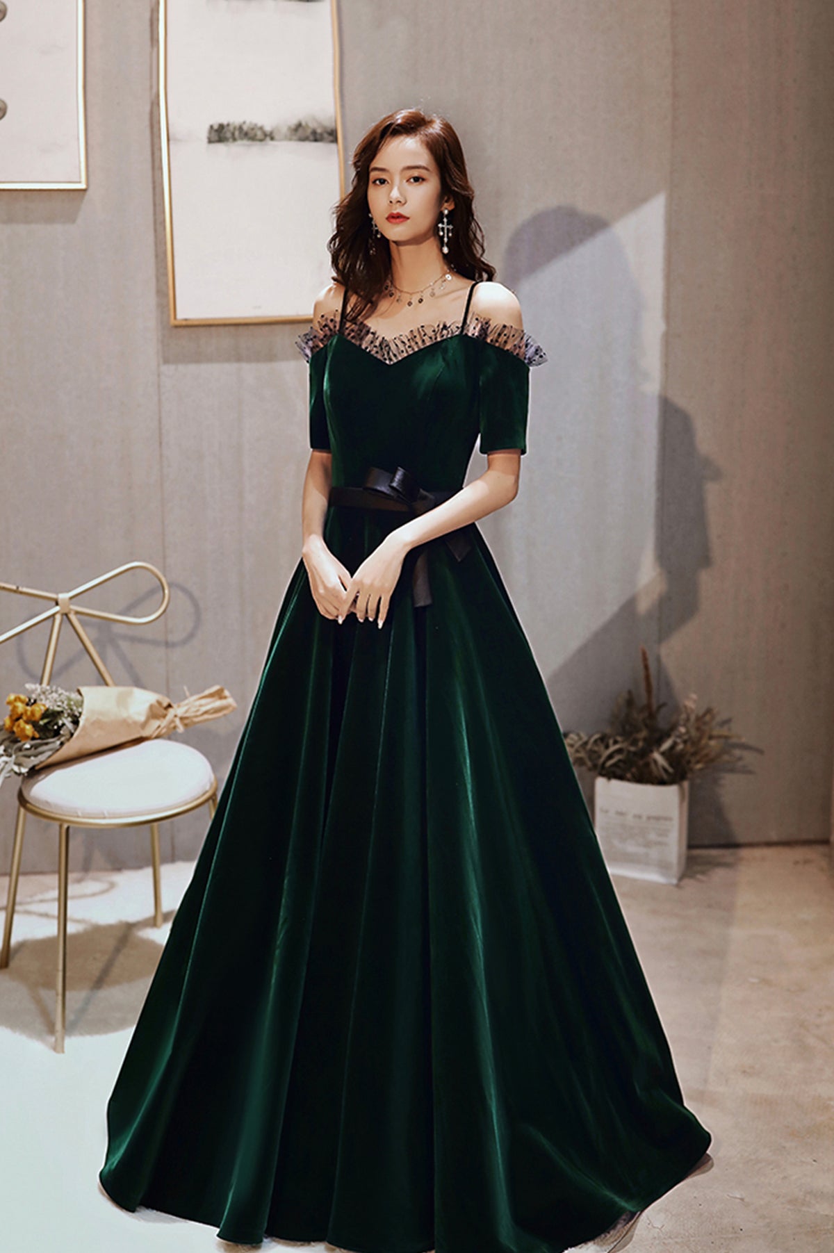 Green Velvet Long A-Line Prom Dress, Green Off the Shoulder Graduation Dress