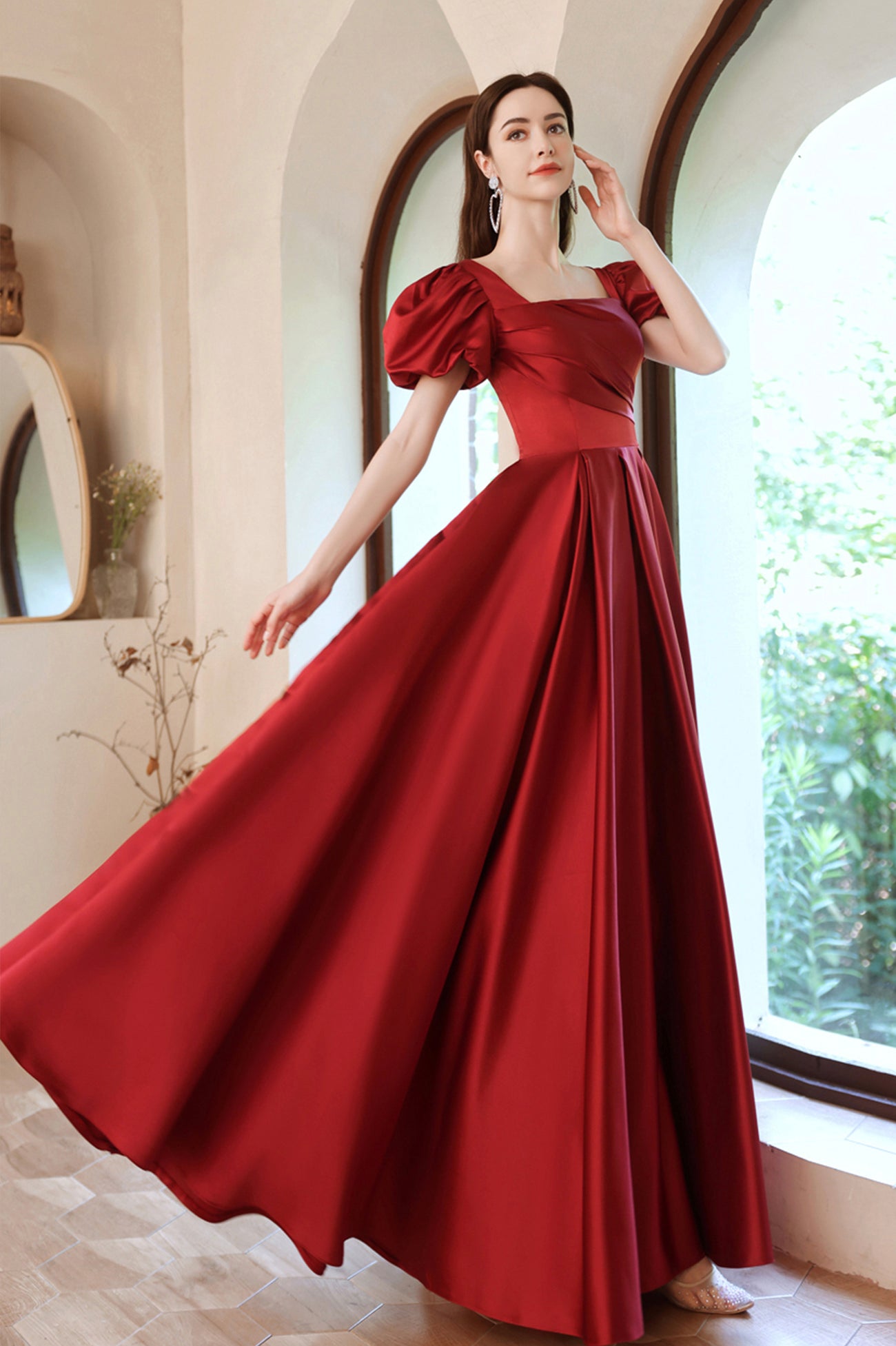 Burgundy Satin Long A-Line Prom Dress, Lovely Puff Sleeve Evening Dres Burgundy Satin Long A-Line Prom Dress, Lovely Puff Sleeve Evening Dres