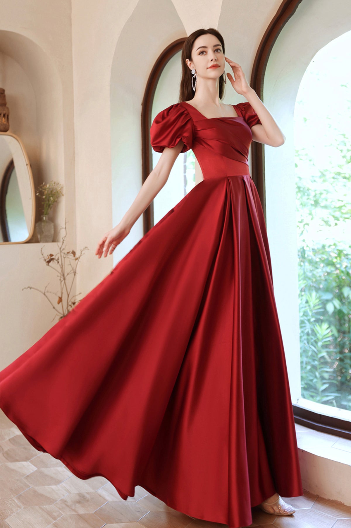 Burgundy Satin Long A-Line Prom Dress, Lovely Puff Sleeve Evening Dress