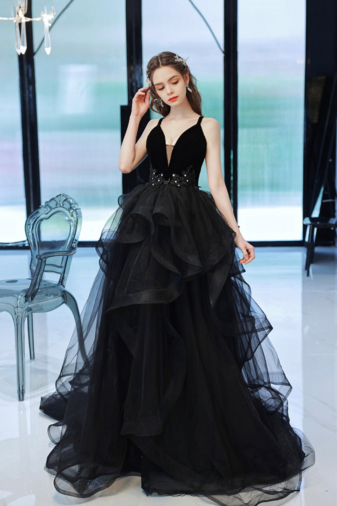 Black V-Neck Tulle Long Prom Dress, Black Graduation Dress with Lace Black V-Neck Tulle Long Prom Dress, Black Graduation Dress with Lace
