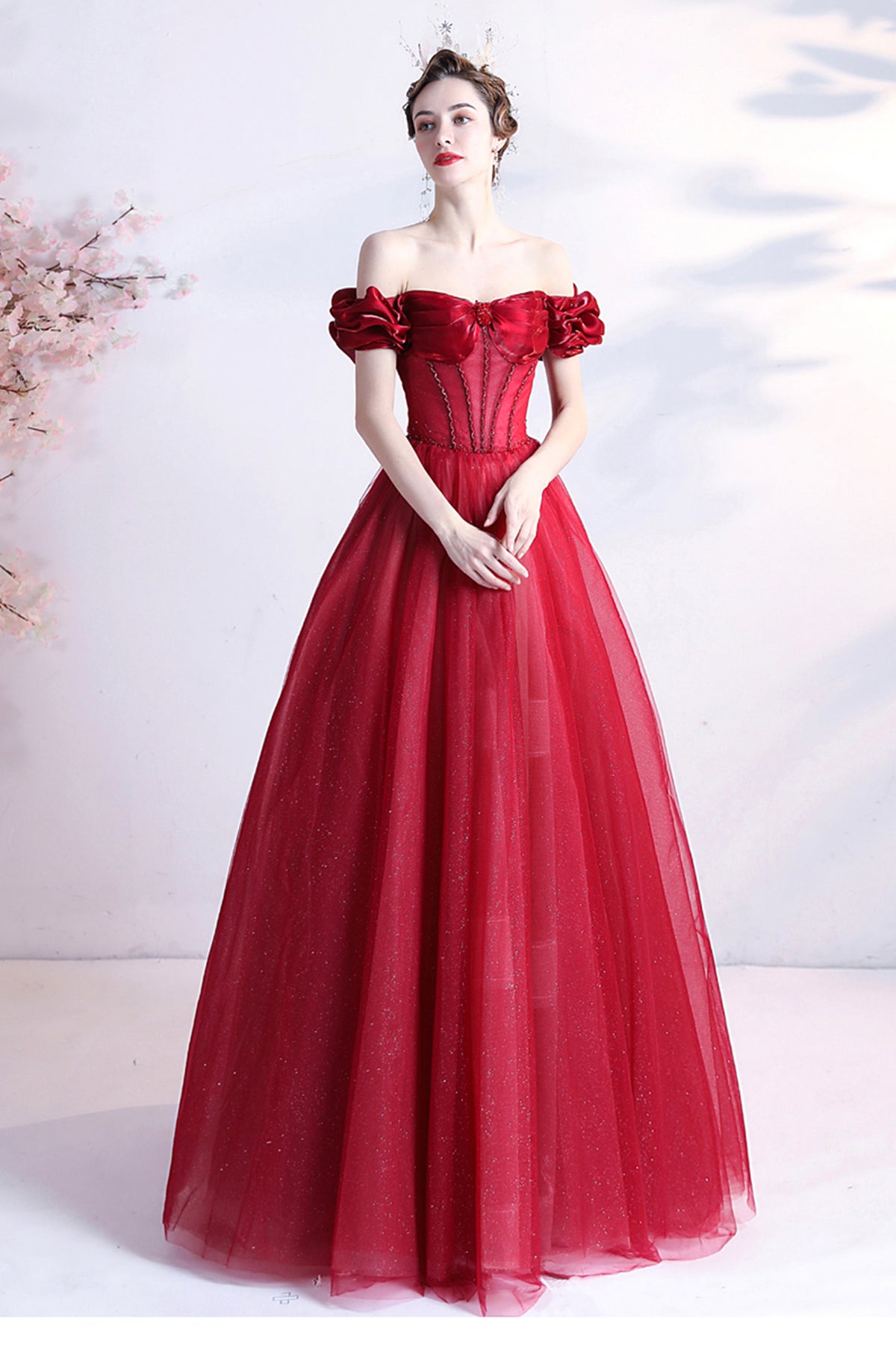 Red Tulle Off the Shoulder Long Prom Dress, A-Line Graduation Dress
