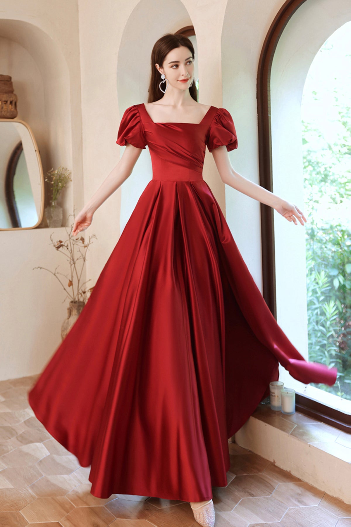 Burgundy Satin Long A-Line Prom Dress, Lovely Puff Sleeve Evening Dress