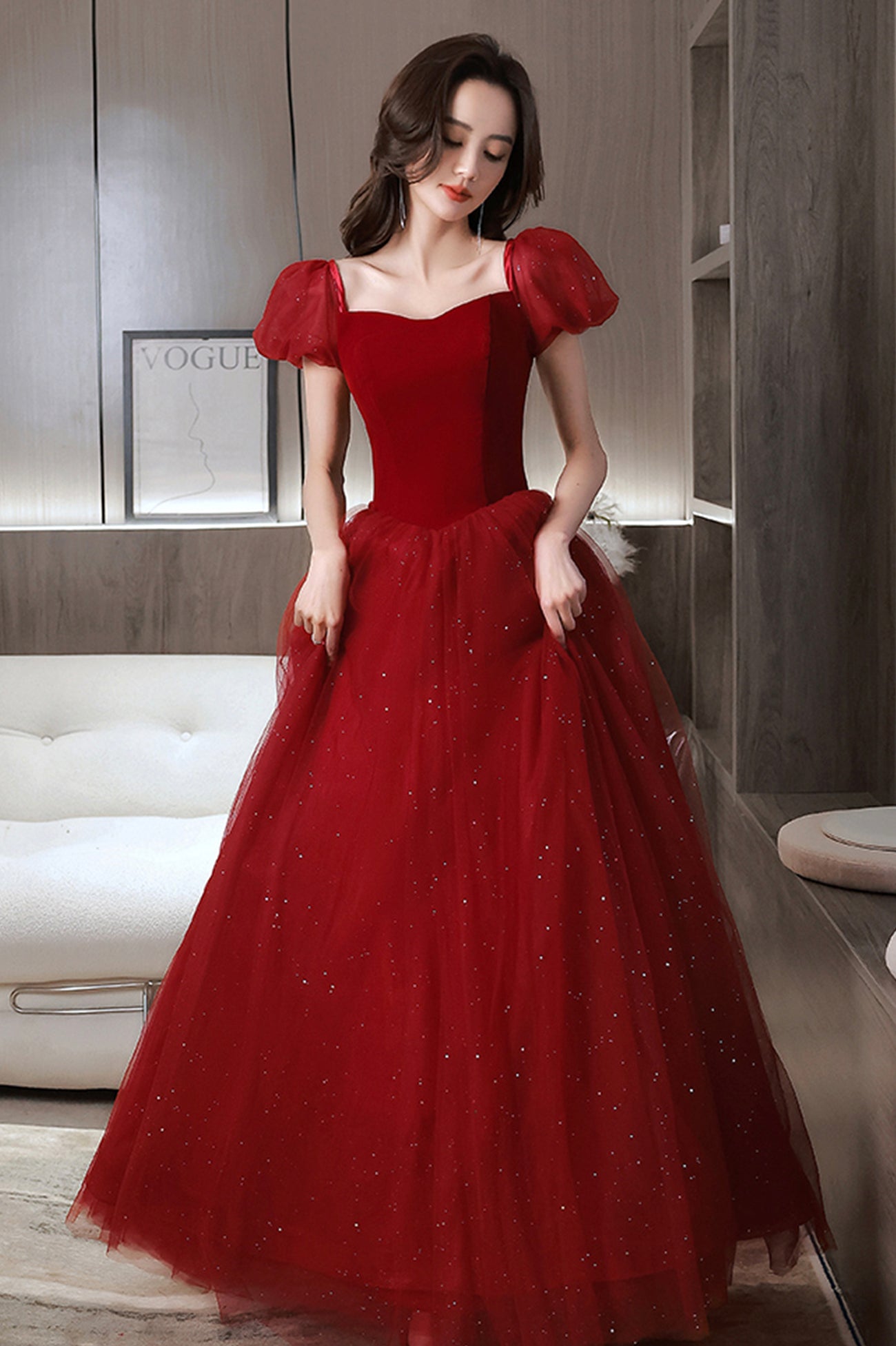 Red Velvet Tulle Long Prom Dress, Cute Short Sleeve Evening Dress Red Velvet Tulle Long Prom Dress, Cute Short Sleeve Evening Dress