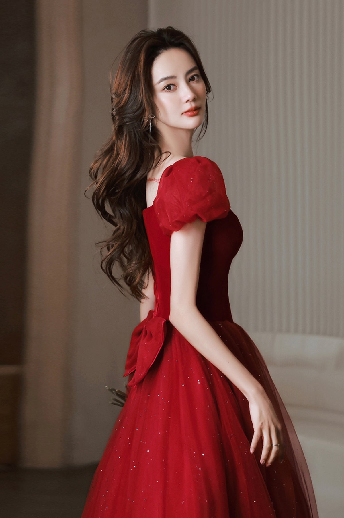 Red Velvet Tulle Long Prom Dress, Cute Short Sleeve Evening Dress